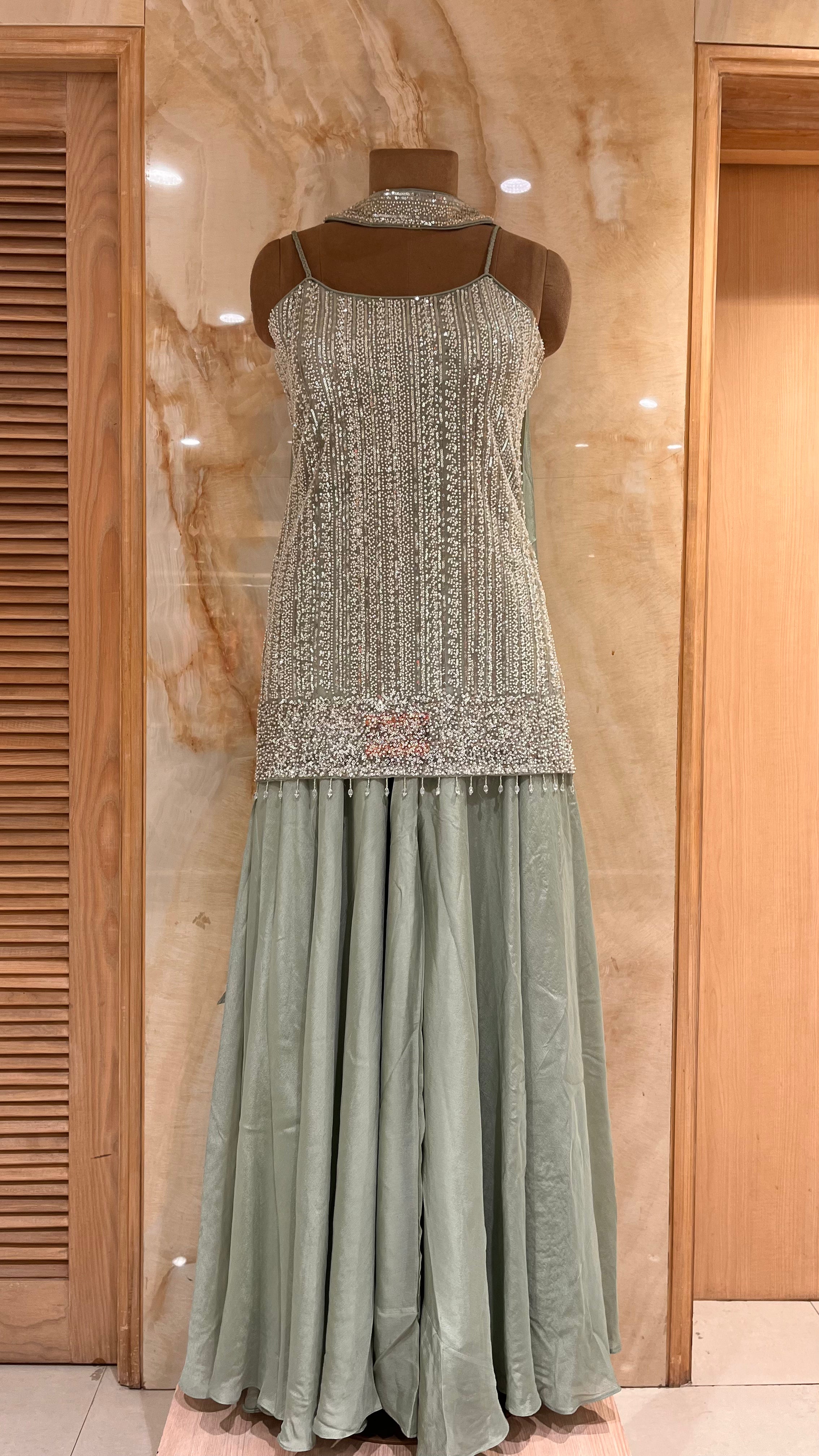 LUXURY SAGE GREEN HEAVY SEQUIN READYMADE SHARARA SUIT