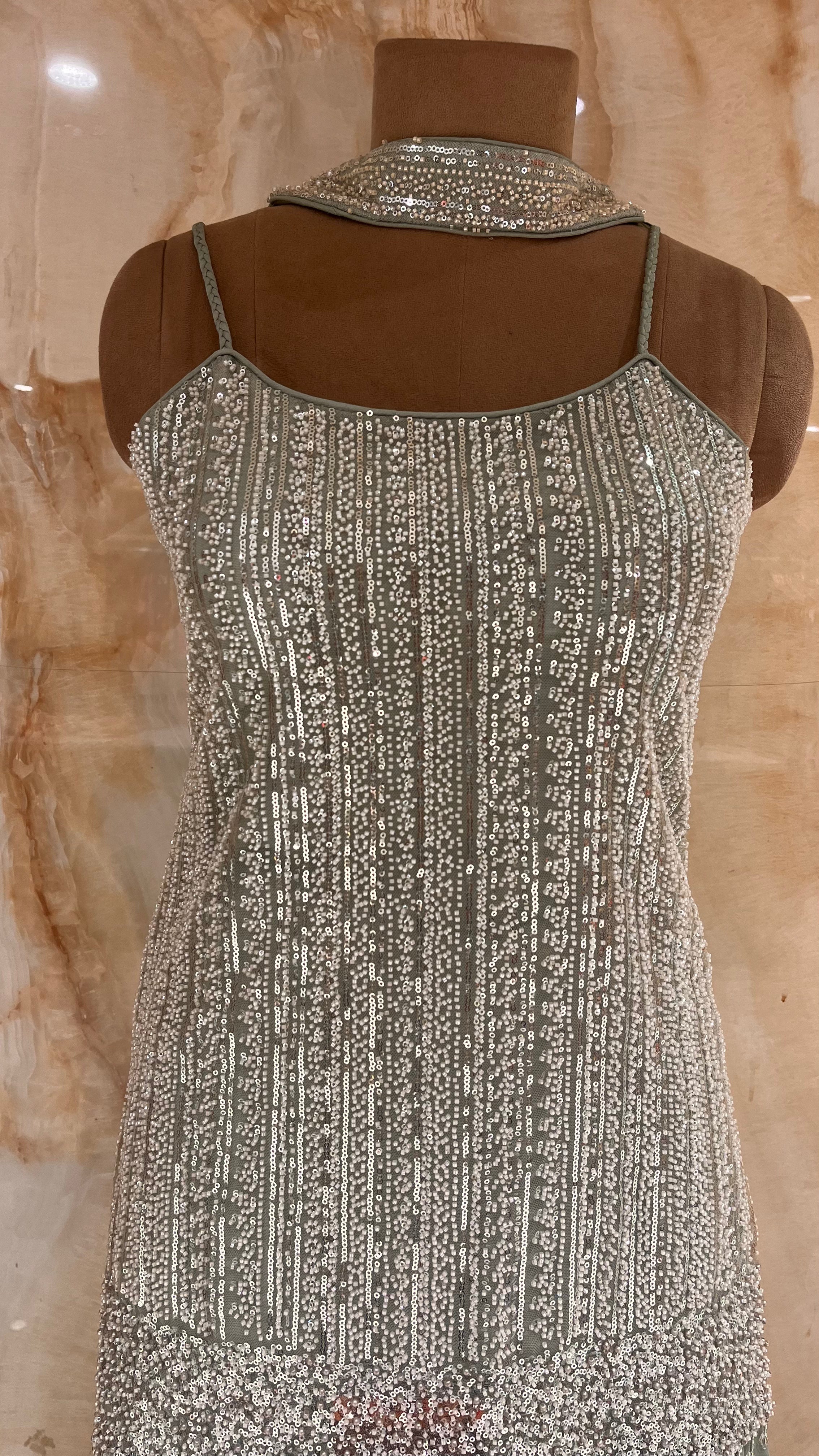 LUXURY SAGE GREEN HEAVY SEQUIN READYMADE SHARARA SUIT