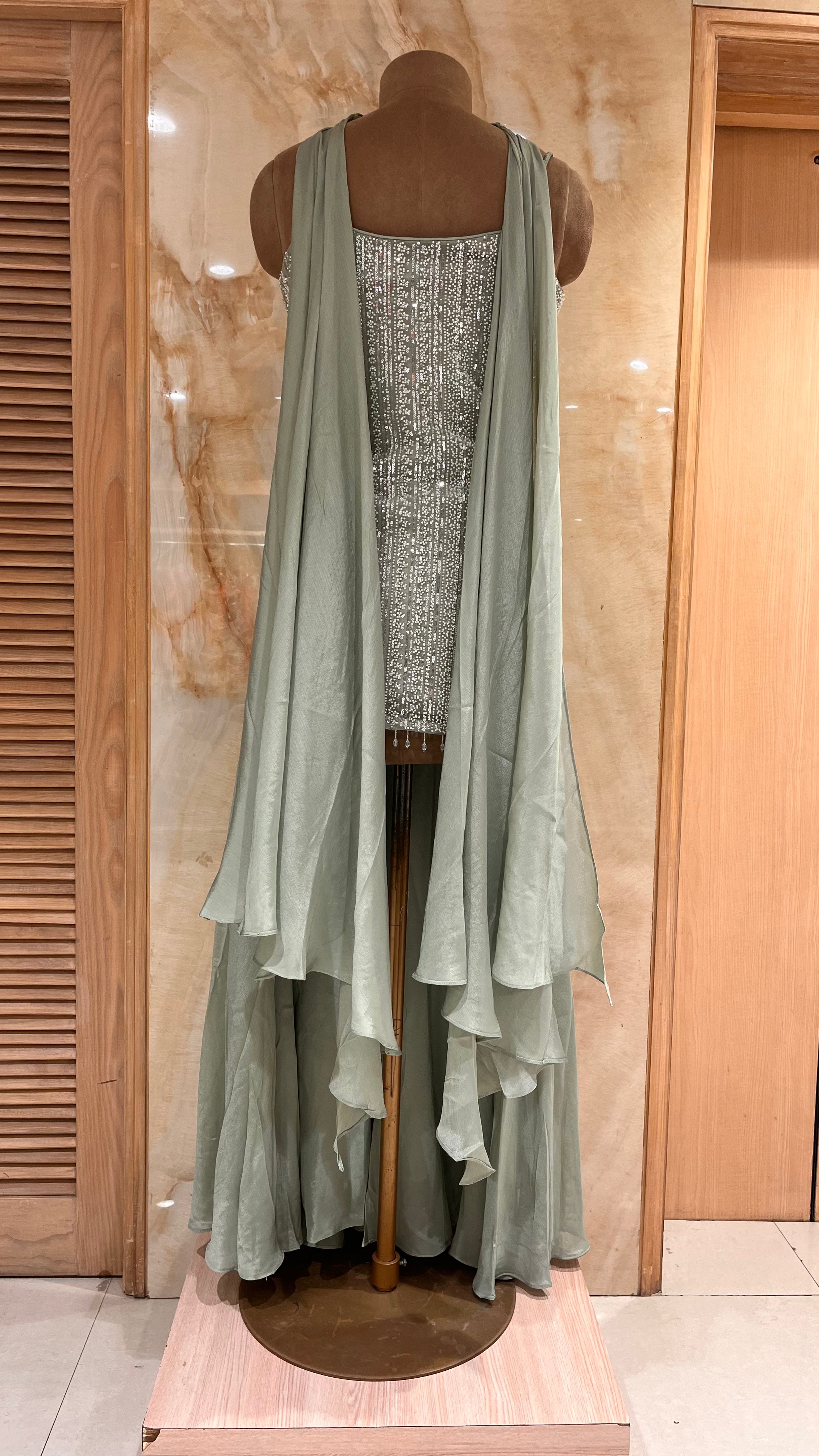 LUXURY SAGE GREEN HEAVY SEQUIN READYMADE SHARARA SUIT