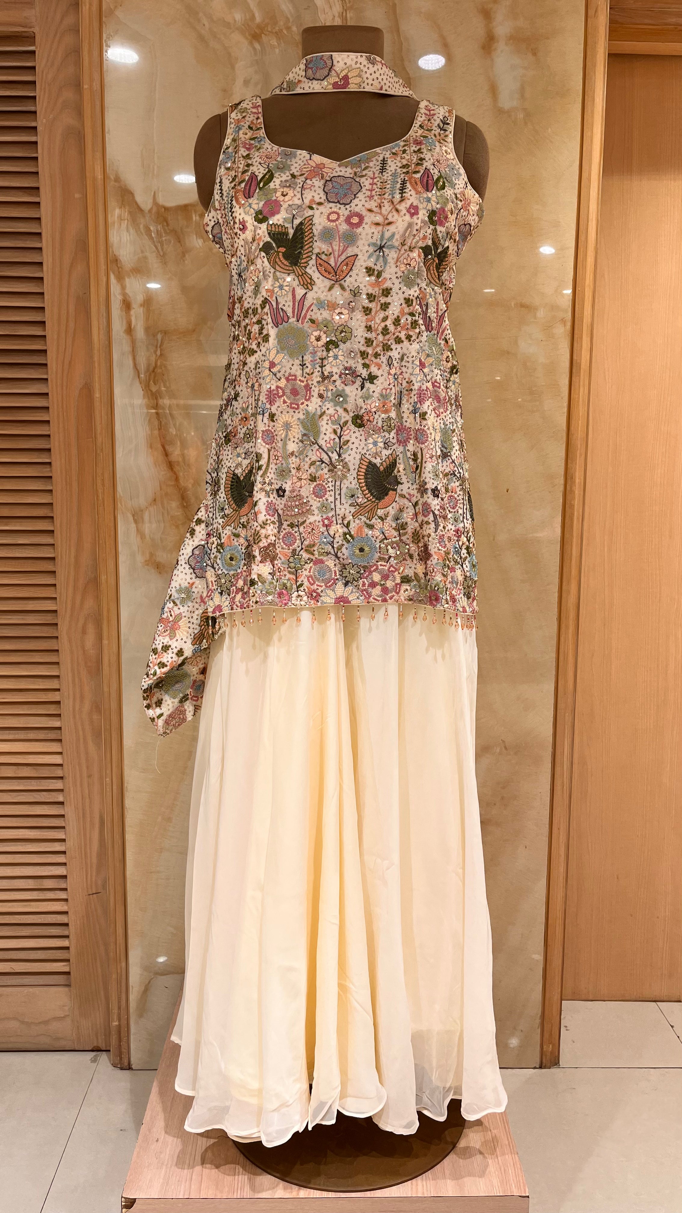 ELEGANT IVORY MULTI EMBROIDERED READYMADE SHARARA SUIT
