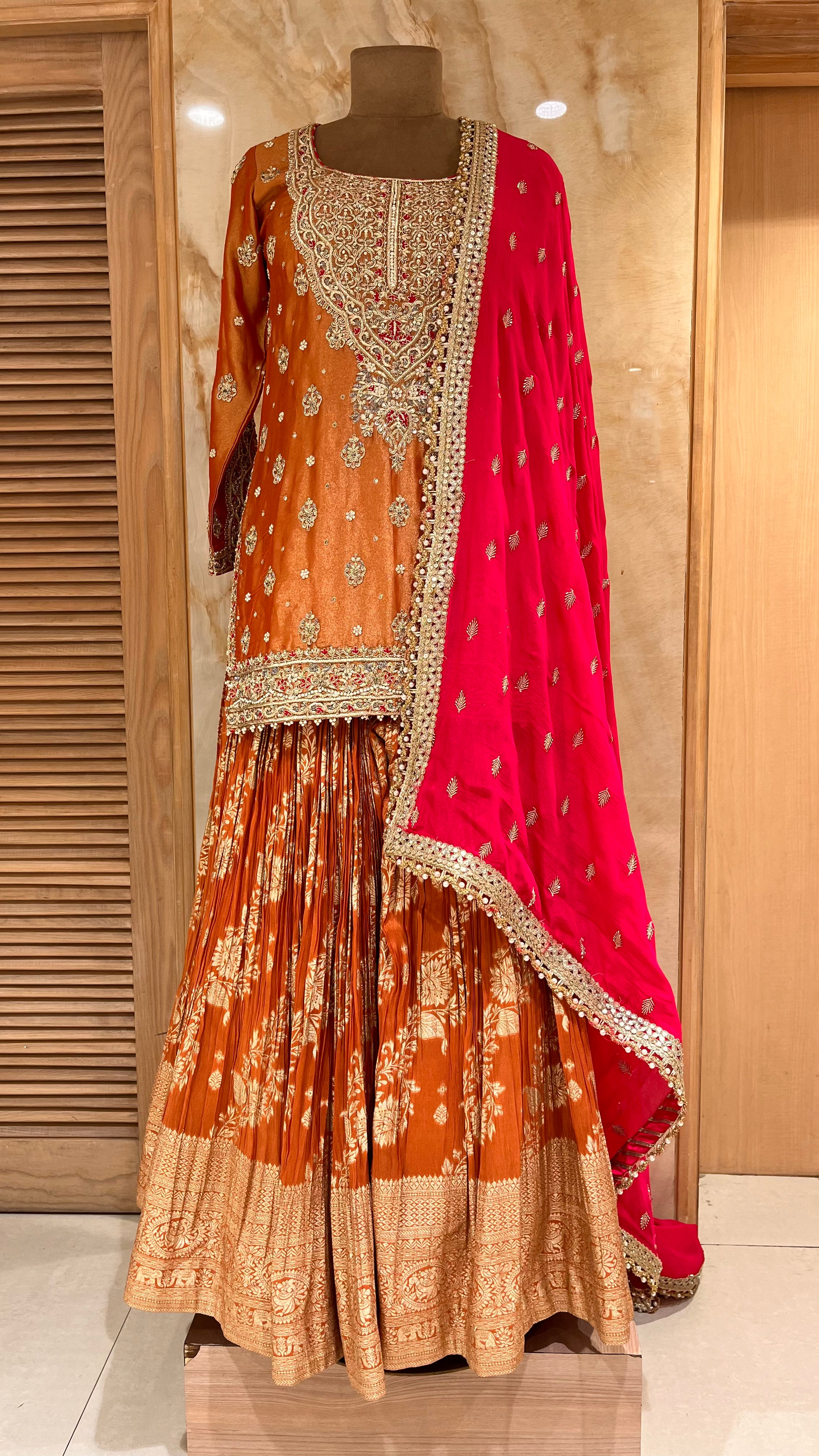 LUXURY ORANGE READYMADE SHARARA SUIT WITH CONTRAST DUPATTA