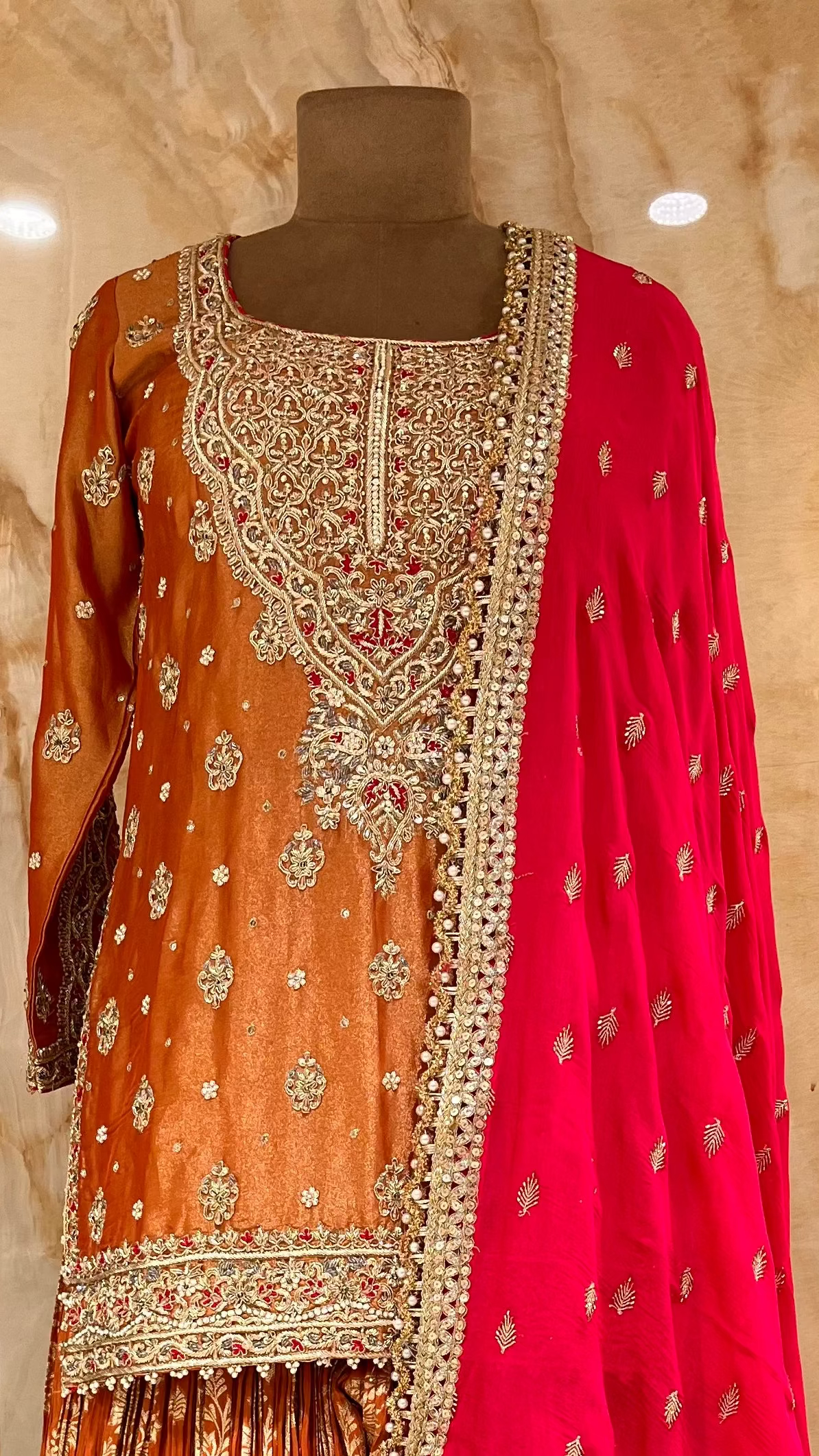 LUXURY ORANGE READYMADE SHARARA SUIT WITH CONTRAST DUPATTA