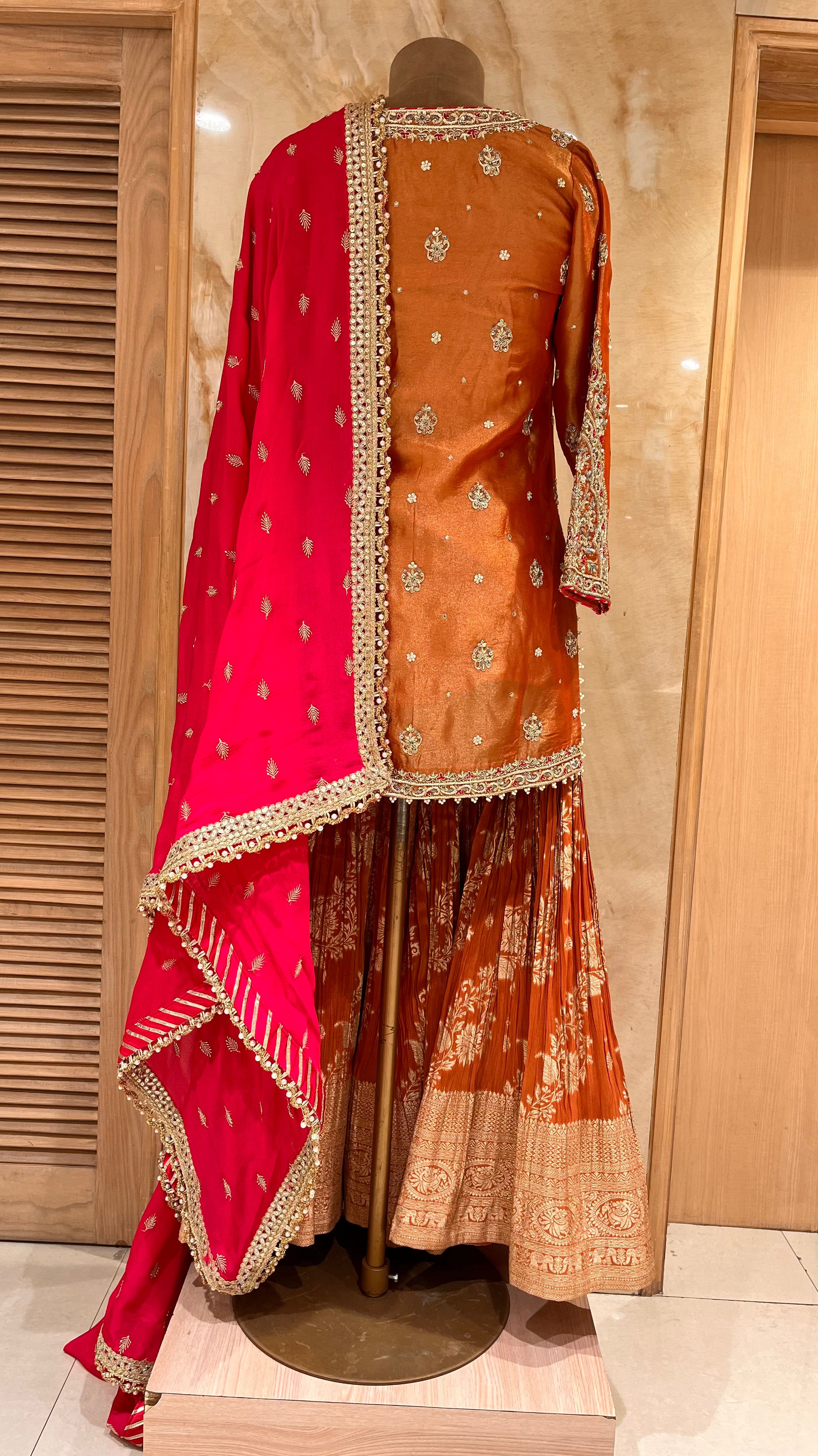 LUXURY ORANGE READYMADE SHARARA SUIT WITH CONTRAST DUPATTA
