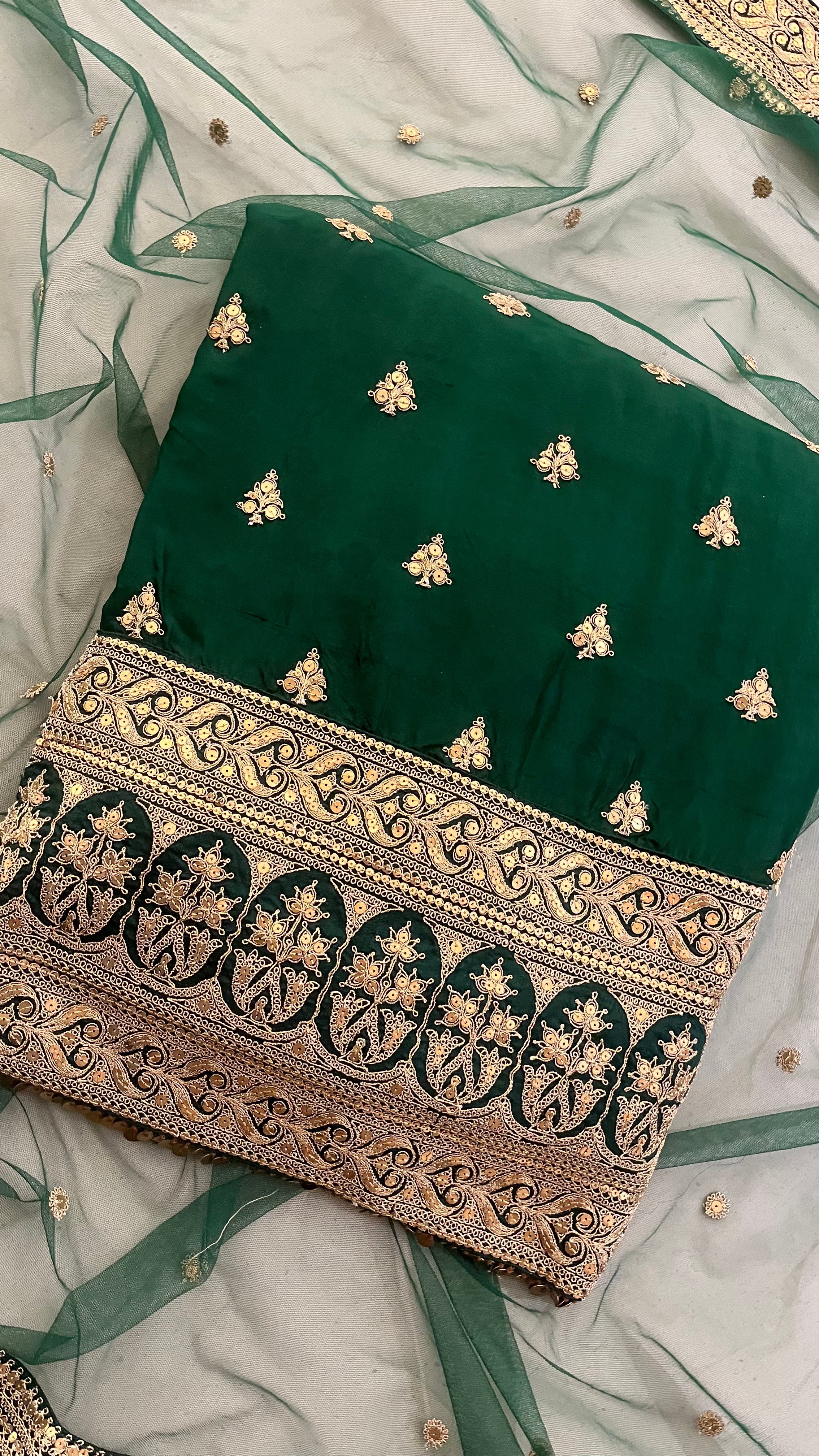 BOTTLE GREEN EMBROIDERED UNSTITCHED SUIT