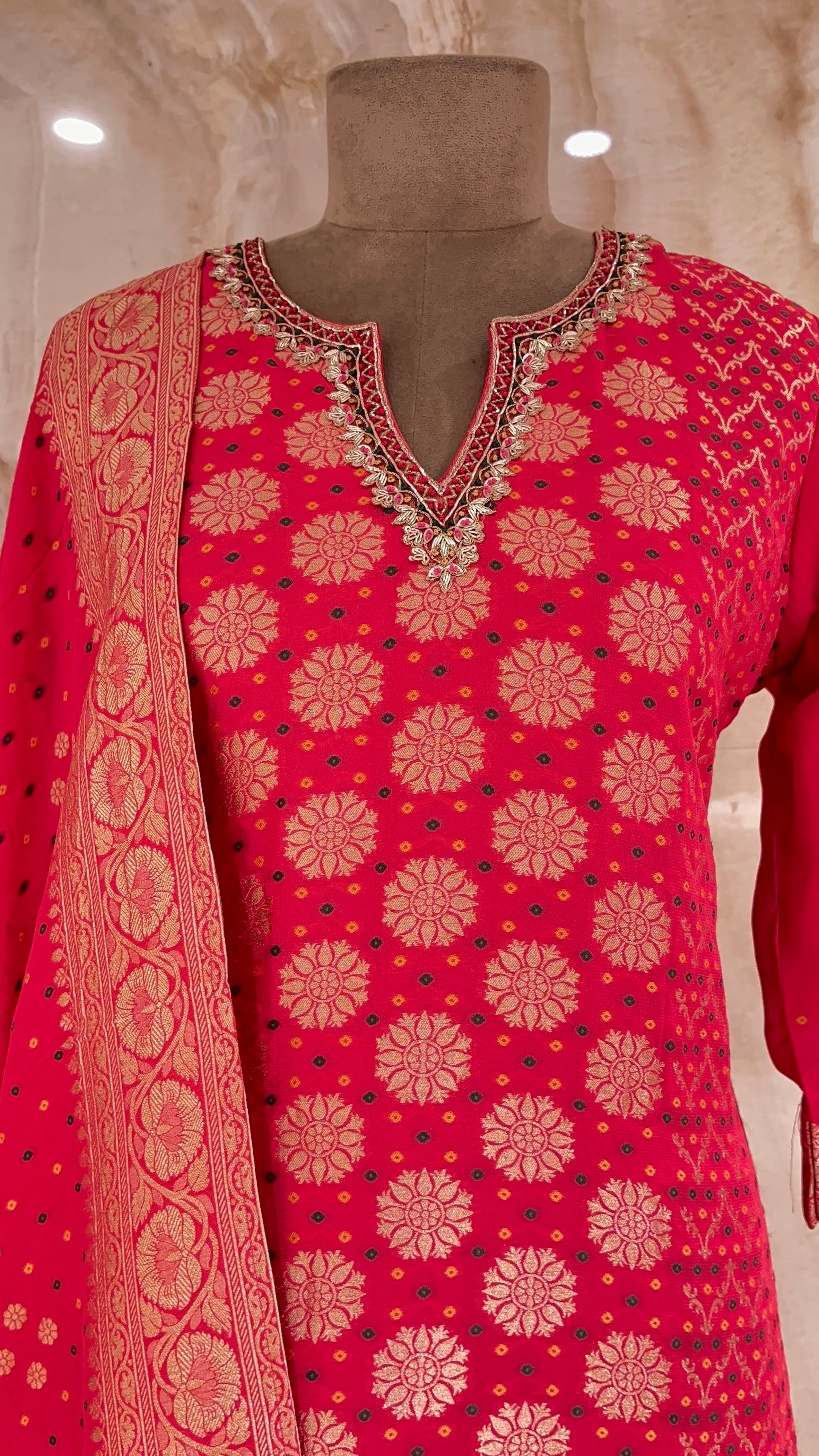 TRADITIONAL RED BANARASI READYMADE SUIT WITH DUPATTA