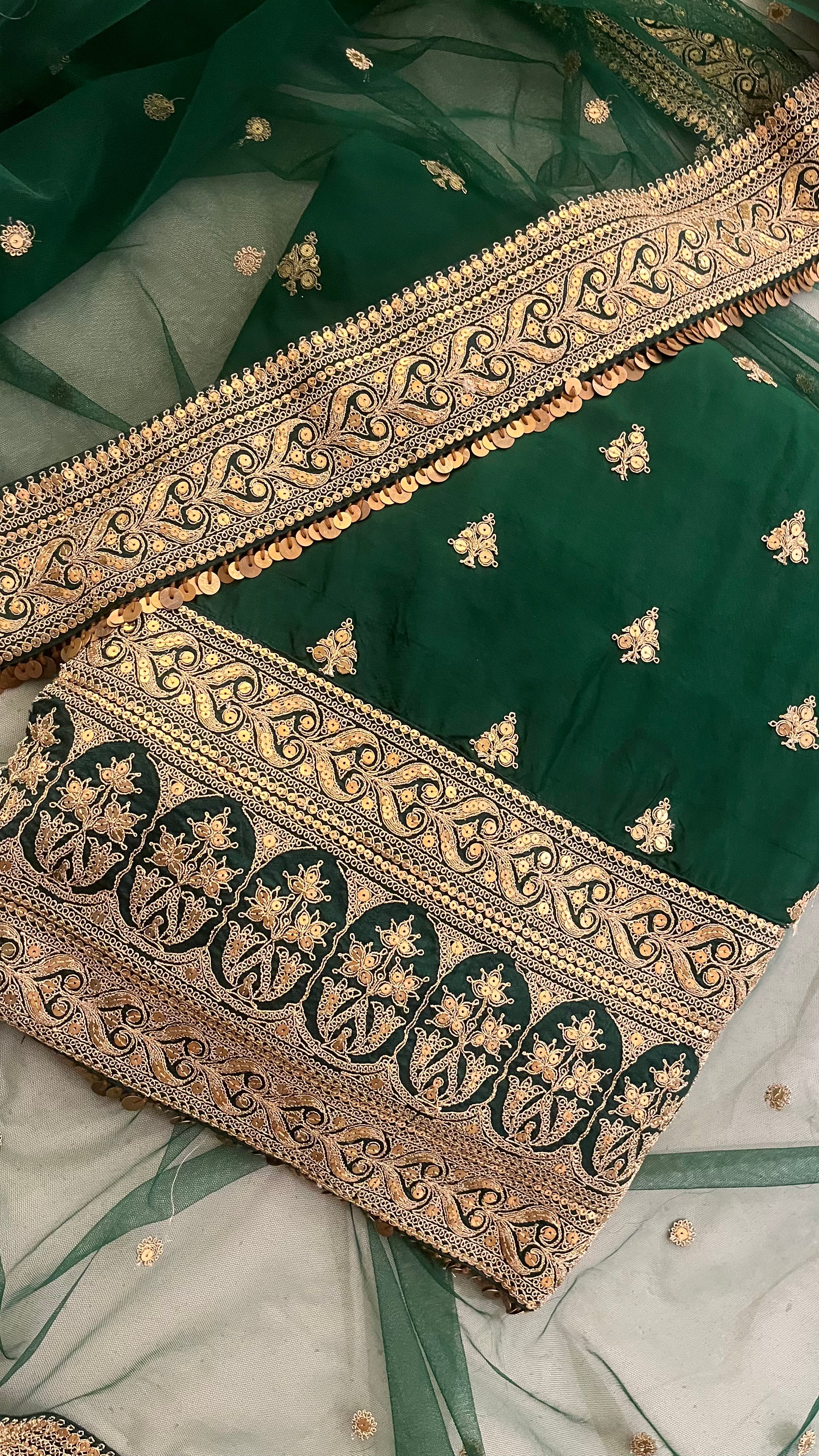 BOTTLE GREEN EMBROIDERED UNSTITCHED SUIT