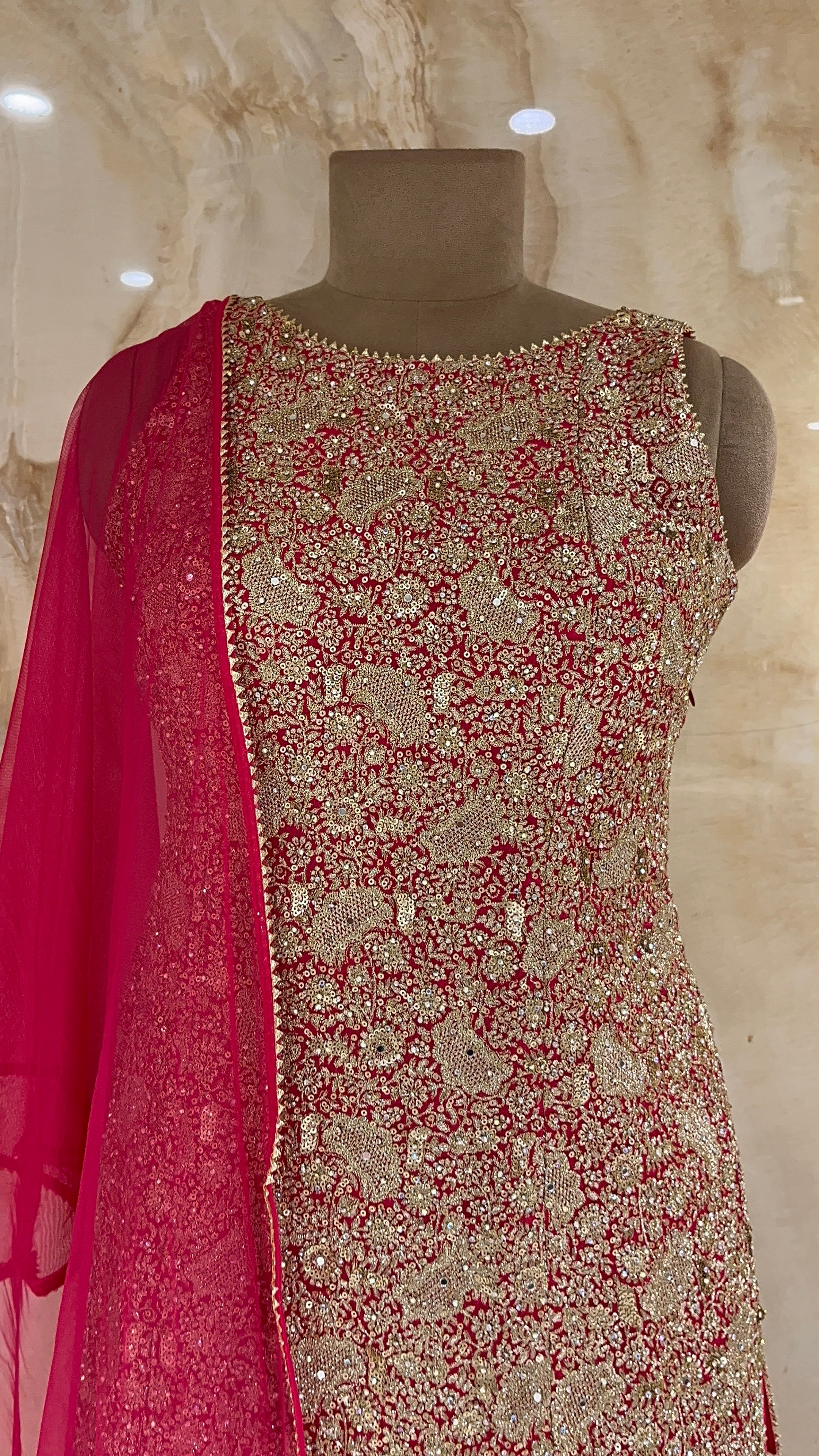 HEAVY EMBROIDERED RED READYMADE SHARARA SUIT WITH DUPATTA