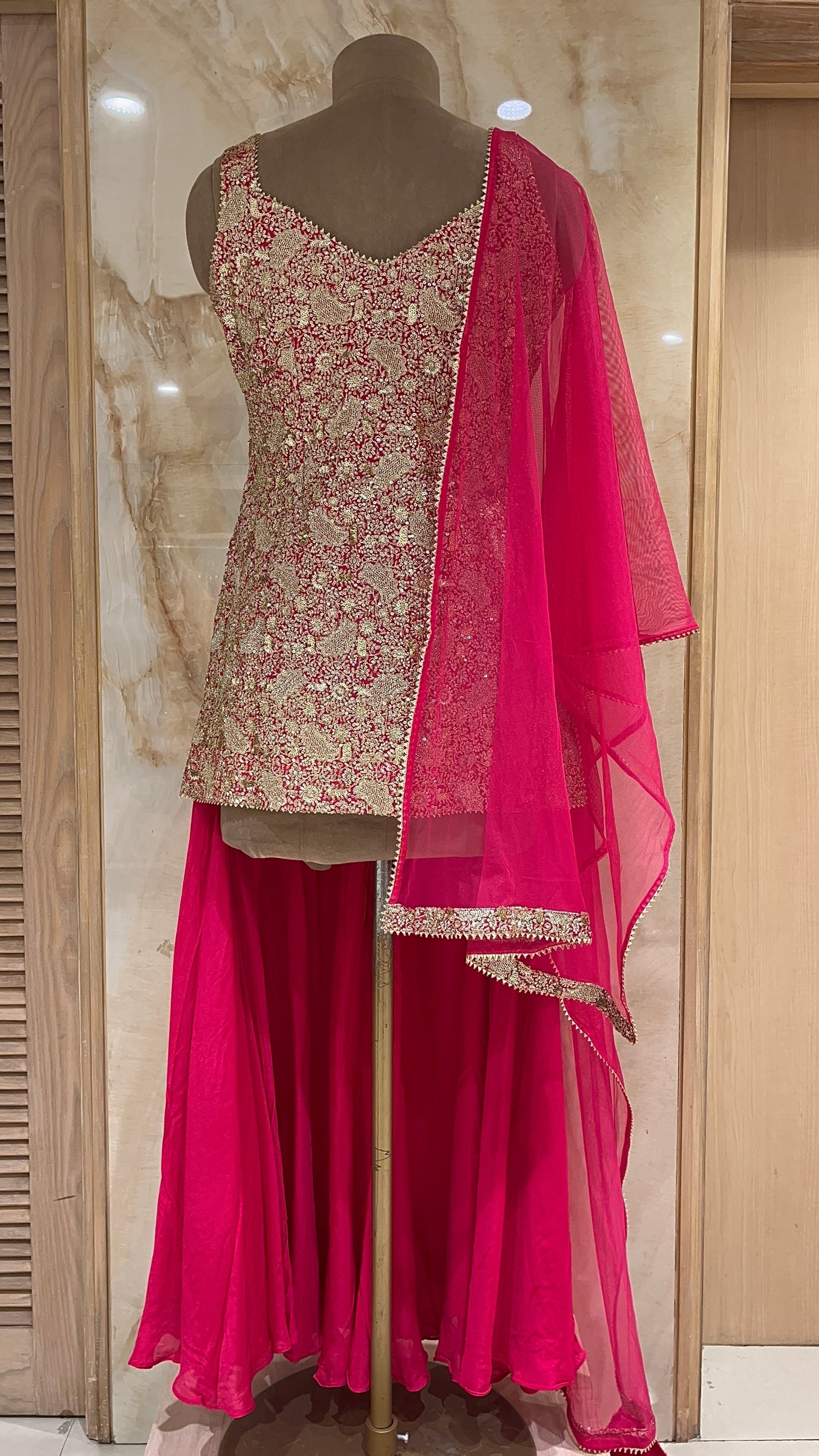HEAVY EMBROIDERED RED READYMADE SHARARA SUIT WITH DUPATTA