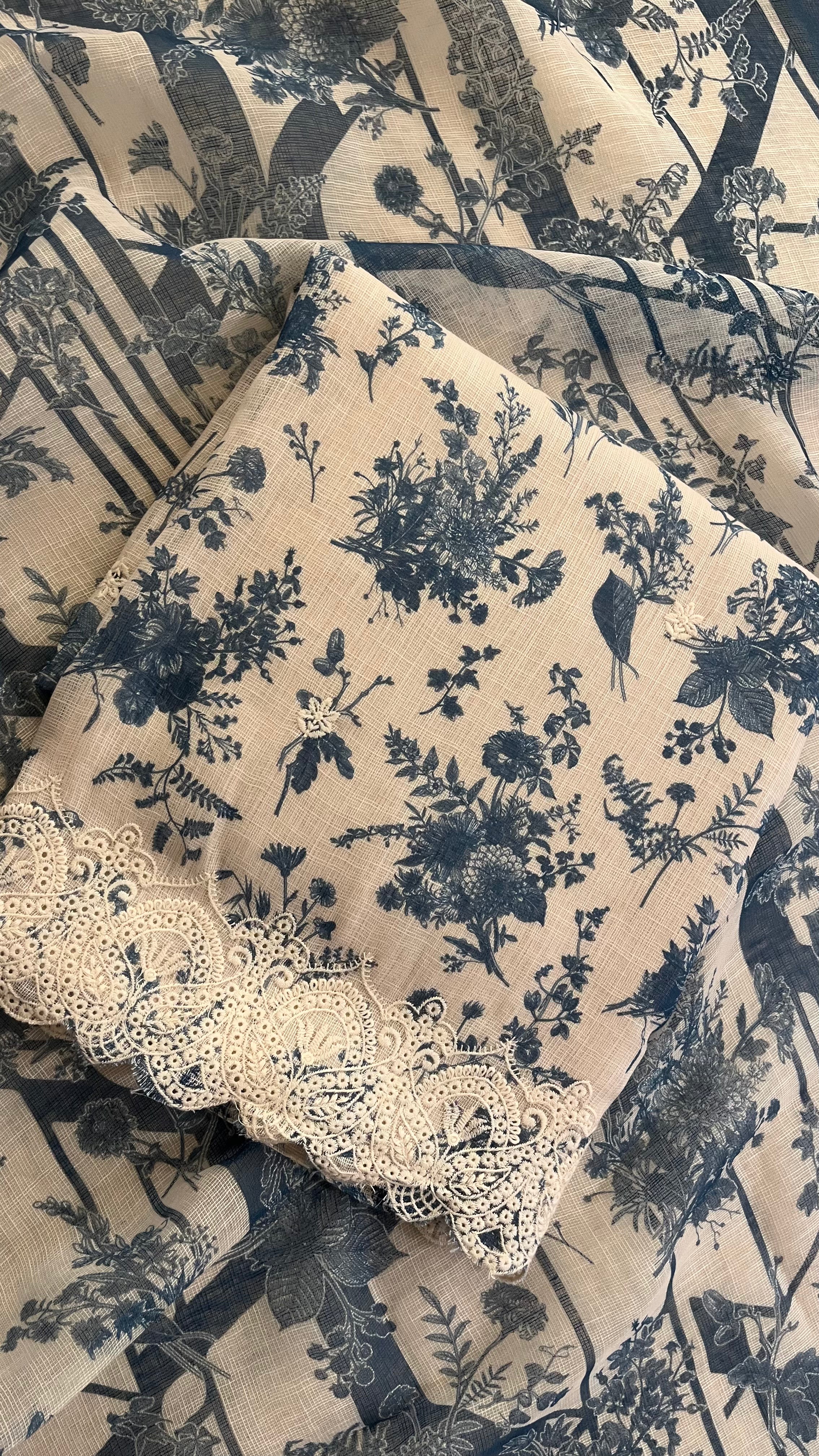 BEIGE & NAVY FLORAL PRINTED UNSTITCHED SUIT