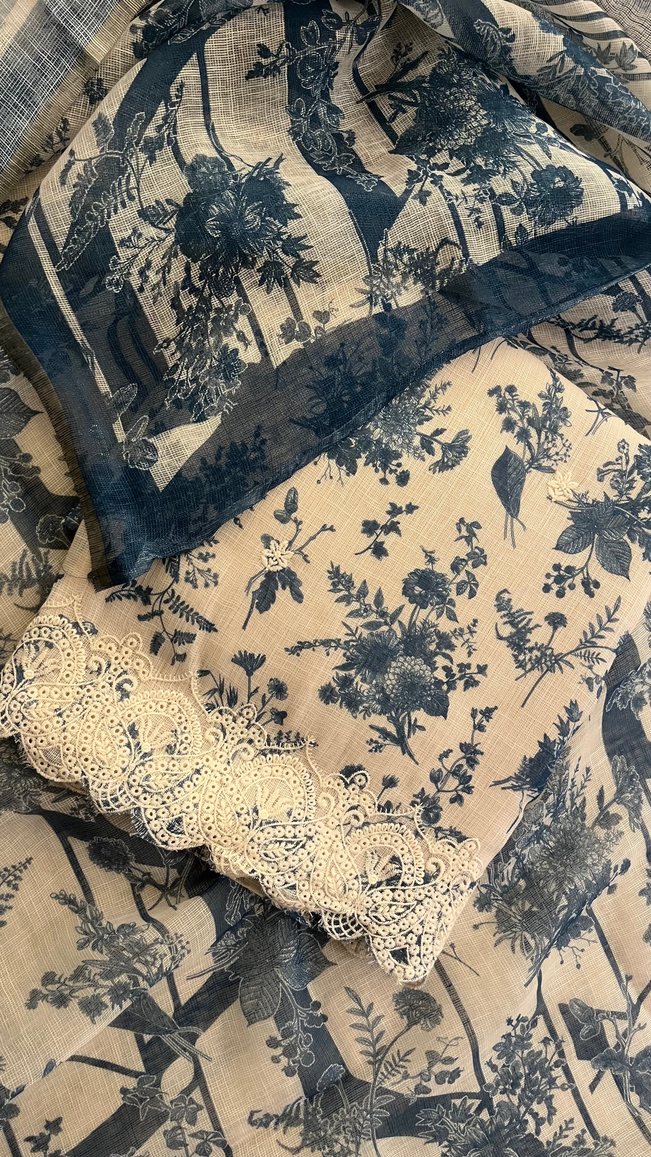 BEIGE & NAVY FLORAL PRINTED UNSTITCHED SUIT