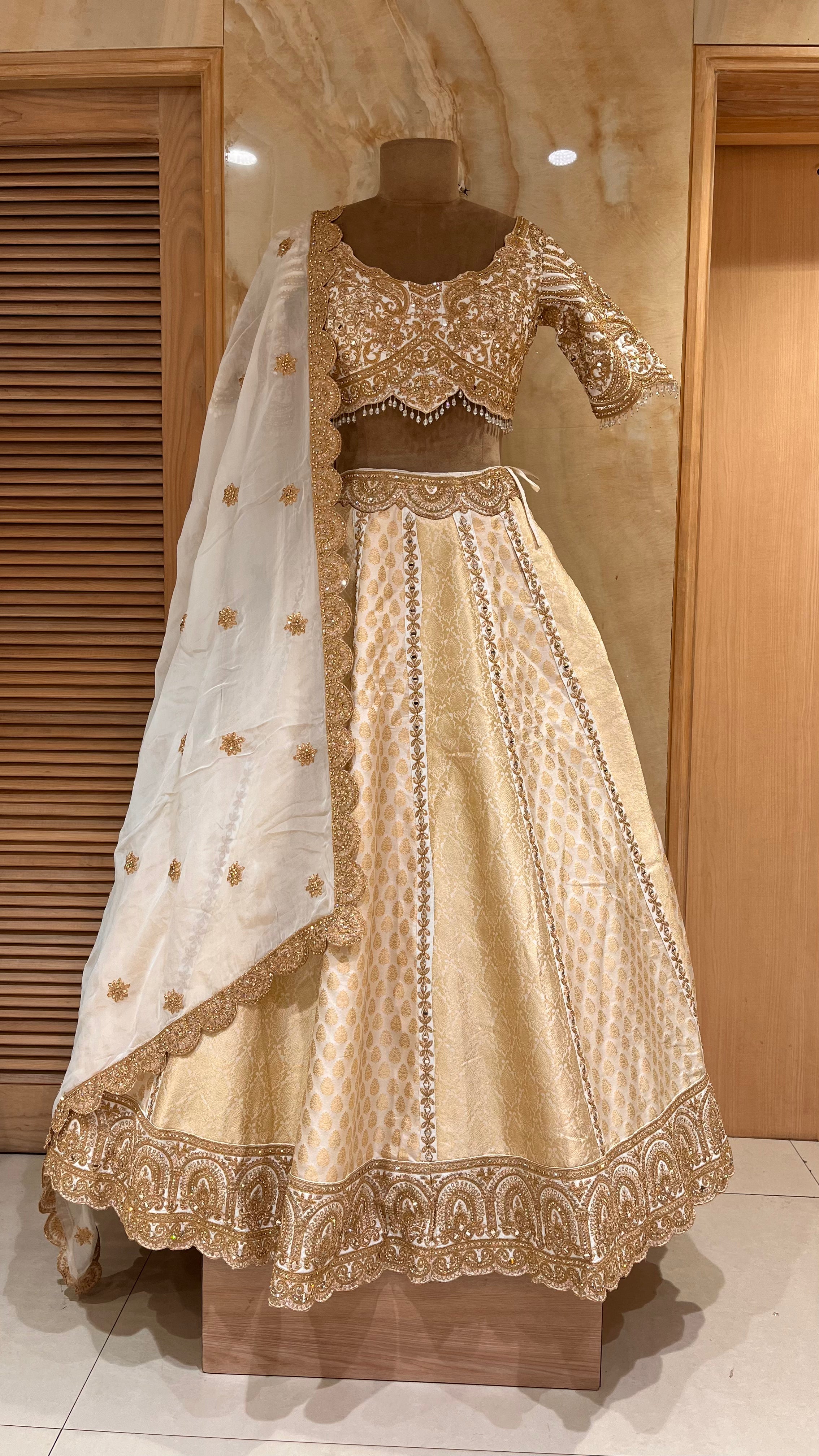 OFF WHITE & GOLD HEAVY EMBROIDERED BRIDAL LEHENGA SET