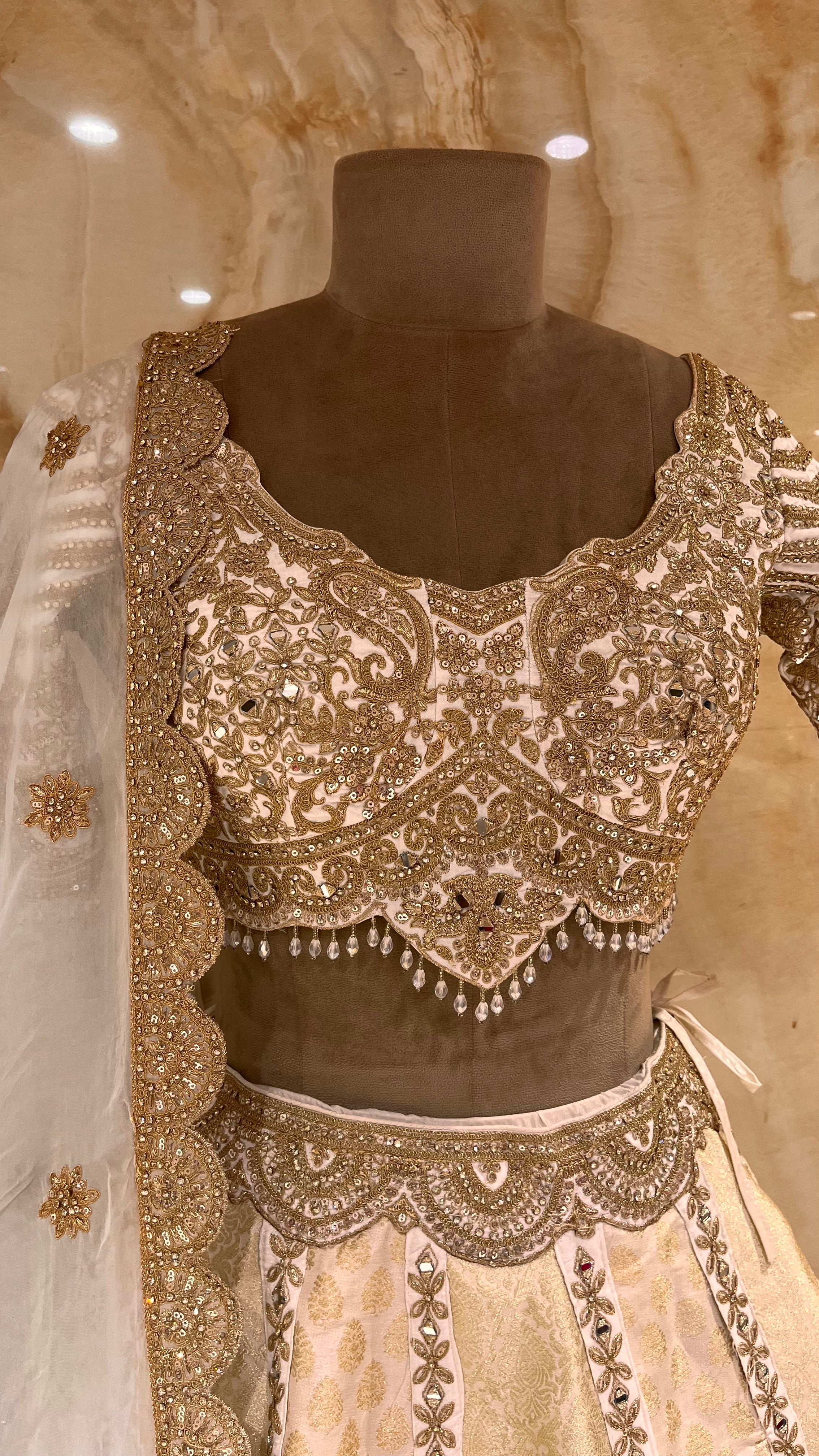 OFF WHITE & GOLD HEAVY EMBROIDERED BRIDAL LEHENGA SET