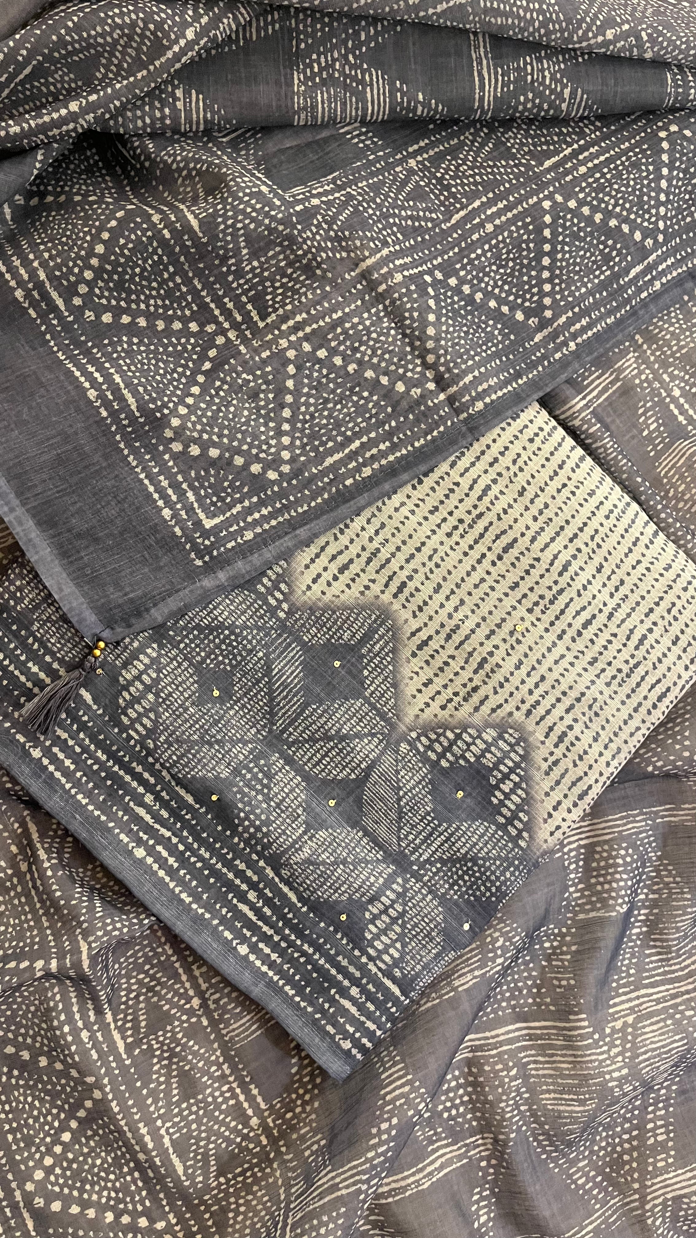 CHARCOAL GREY PRINTED UNSTITCHED SUIT