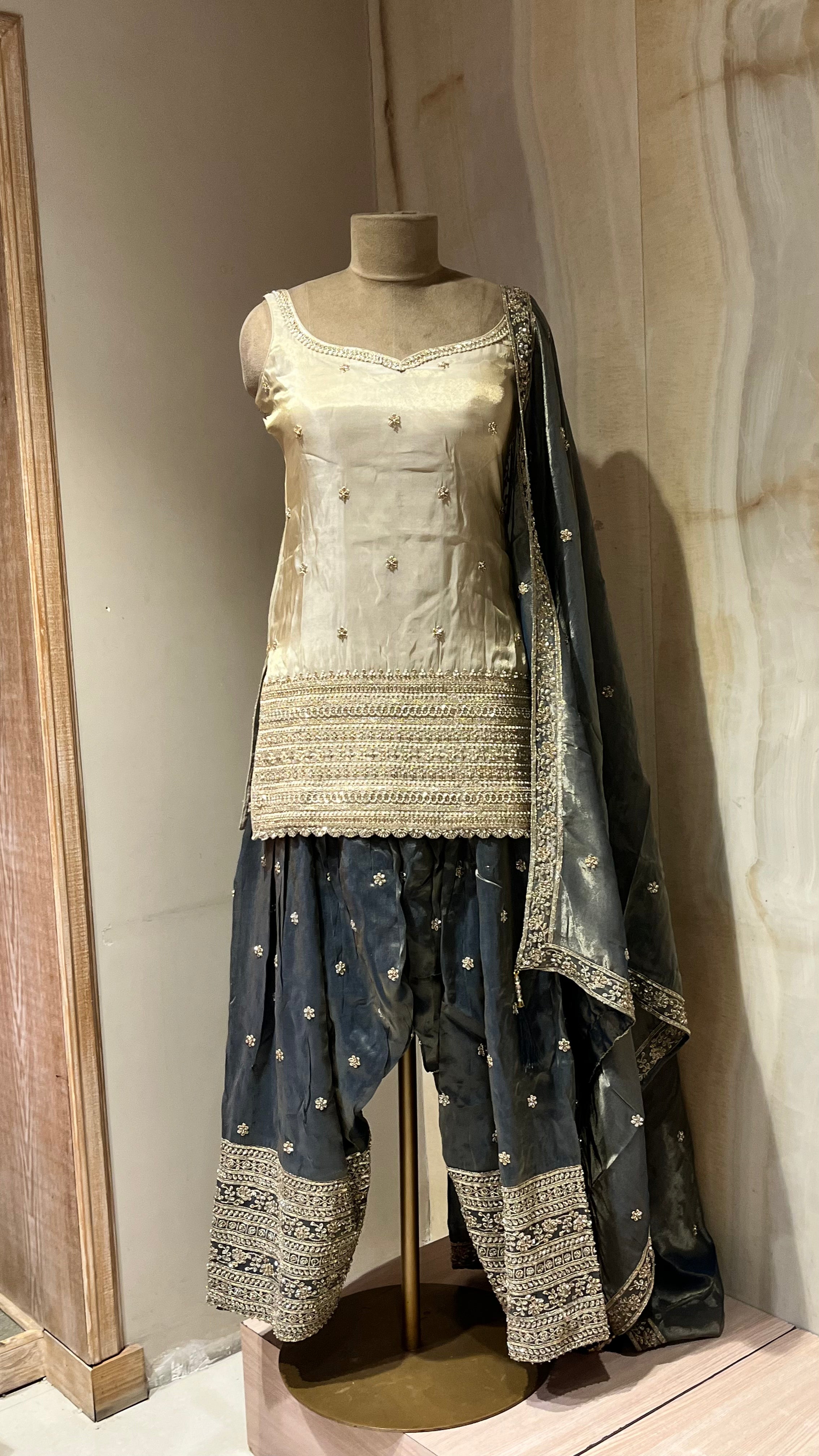 CREAM & CHARCOAL GREY EMBROIDERED PATIALA SUIT