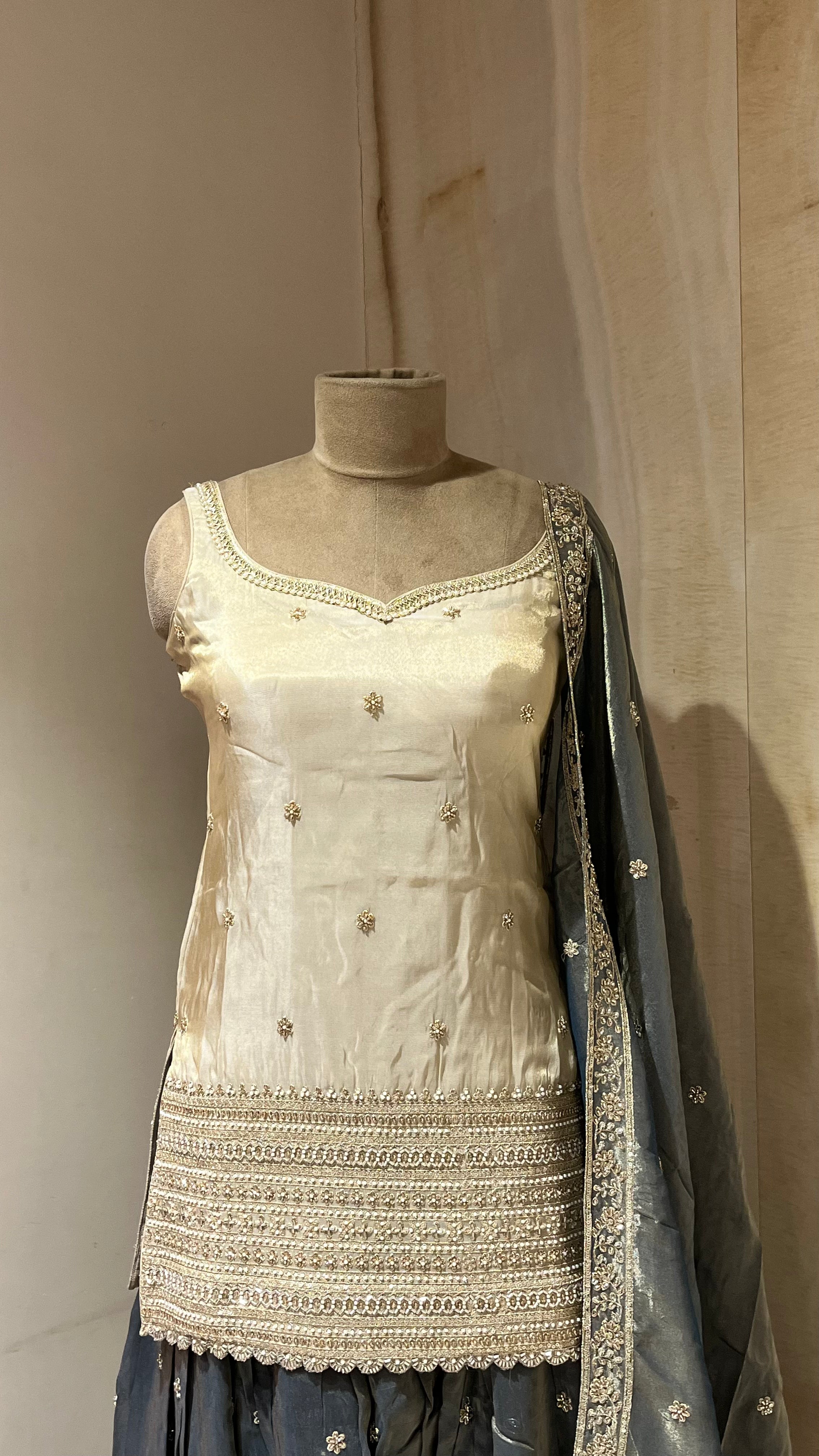CREAM & CHARCOAL GREY EMBROIDERED PATIALA SUIT