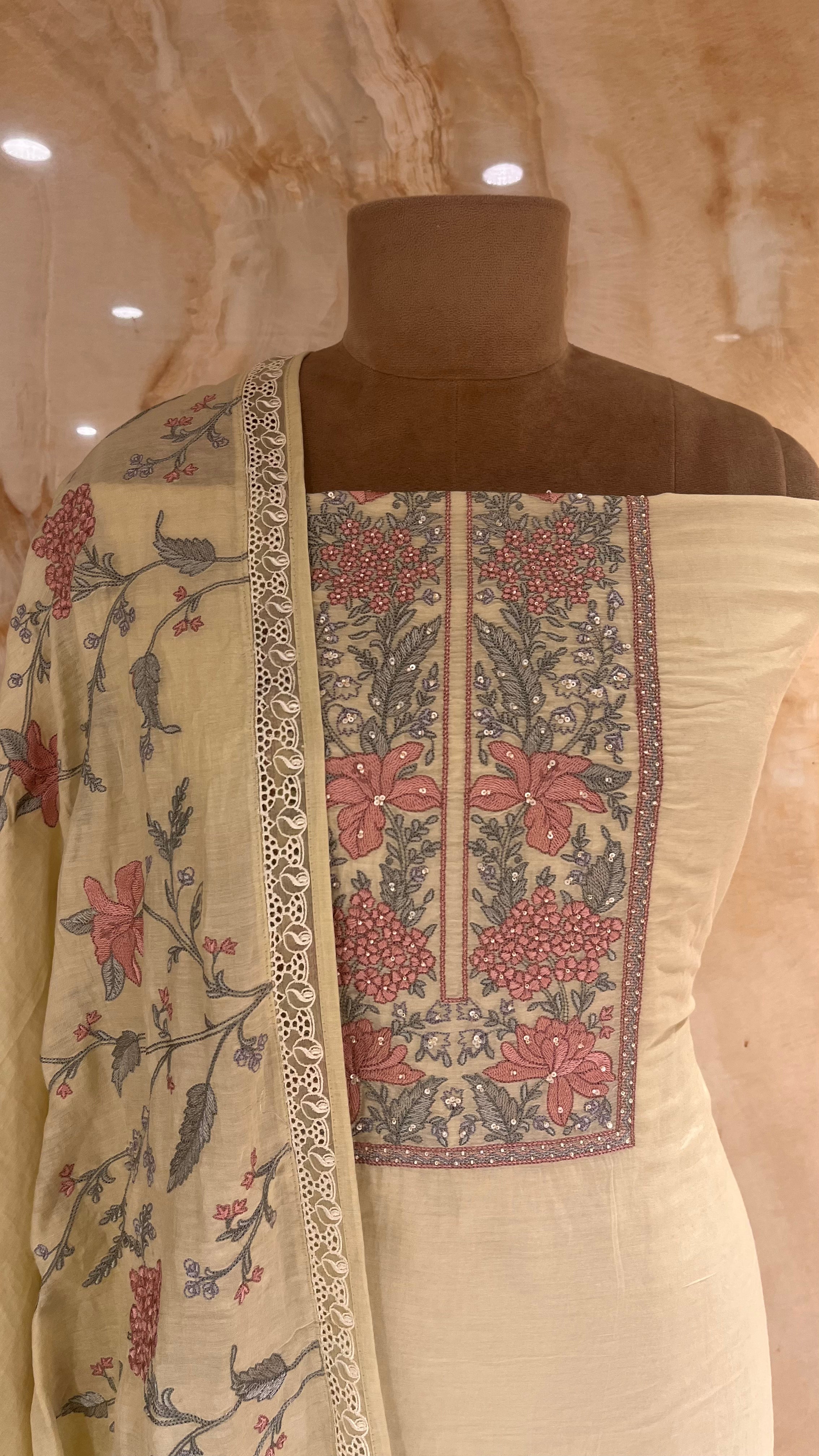 ELEGANT CREAM FLORAL EMBROIDERED UNSTITCHED SUIT SET