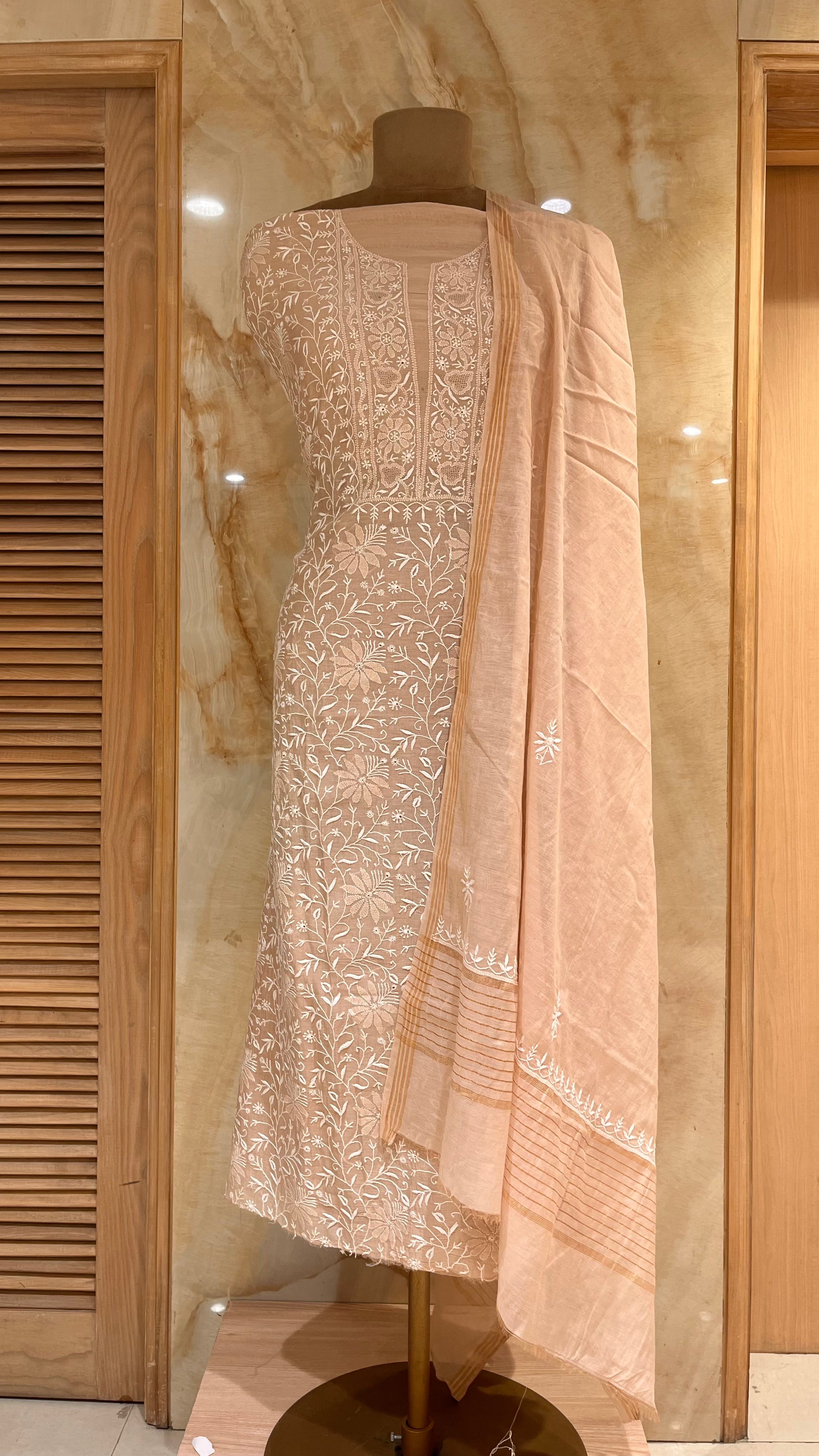 PEACH CHIKANKARI EMBROIDERED UNSTITCHED SUIT SET