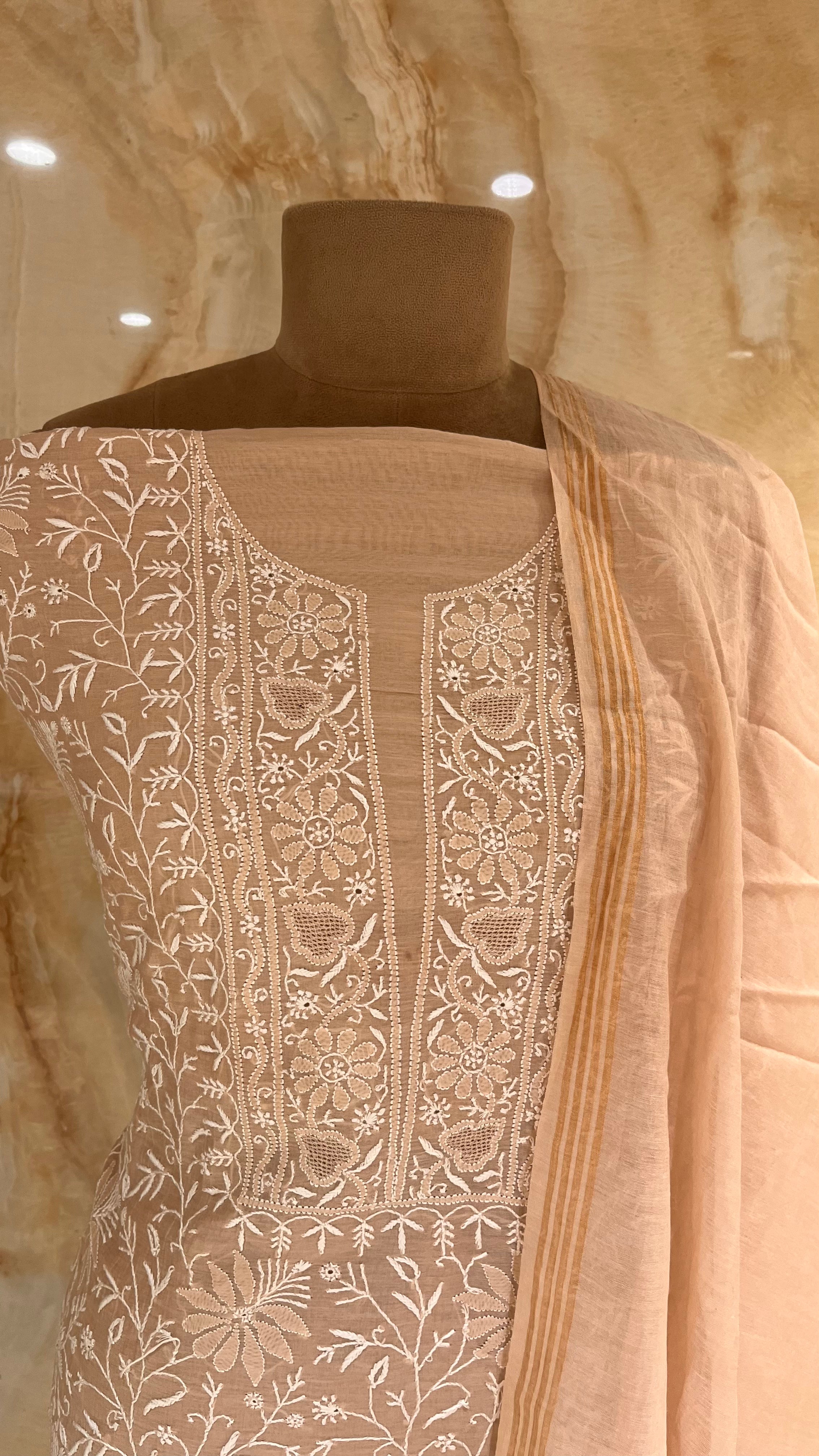 PEACH CHIKANKARI EMBROIDERED UNSTITCHED SUIT SET