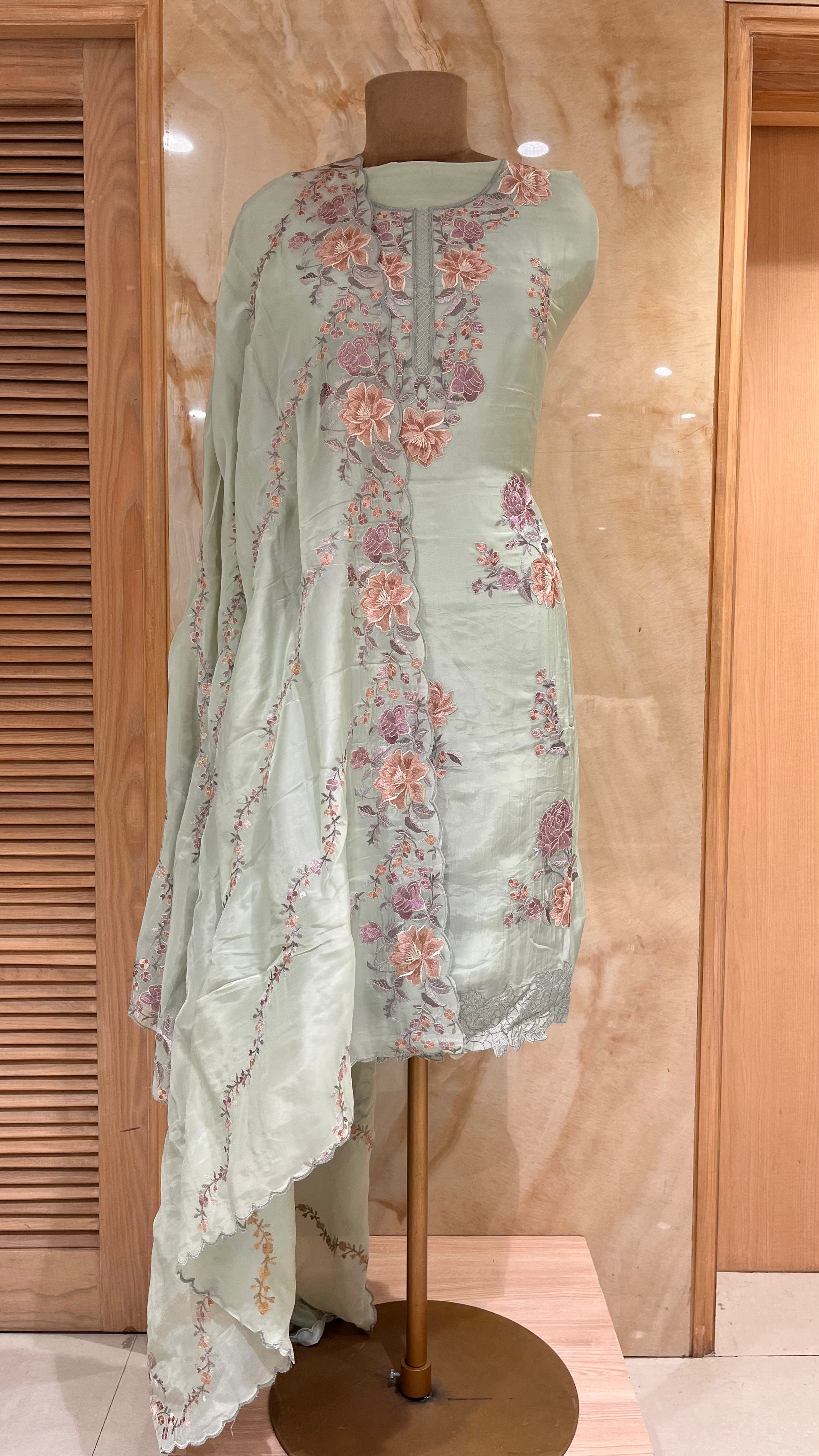 PASTEL GREEN FLORAL EMBROIDERED UNSTITCHED SUIT SET