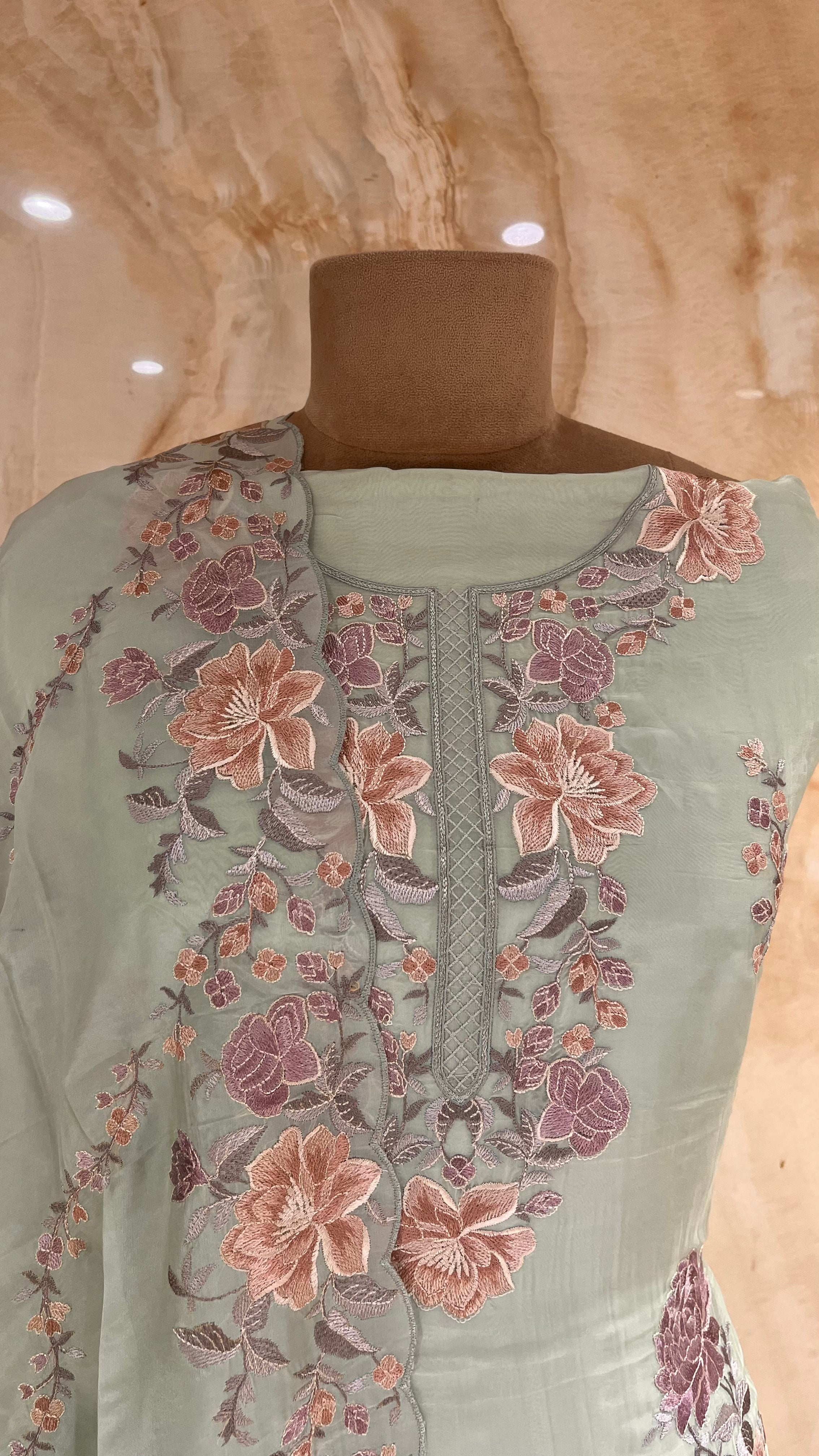 PASTEL GREEN FLORAL EMBROIDERED UNSTITCHED SUIT SET
