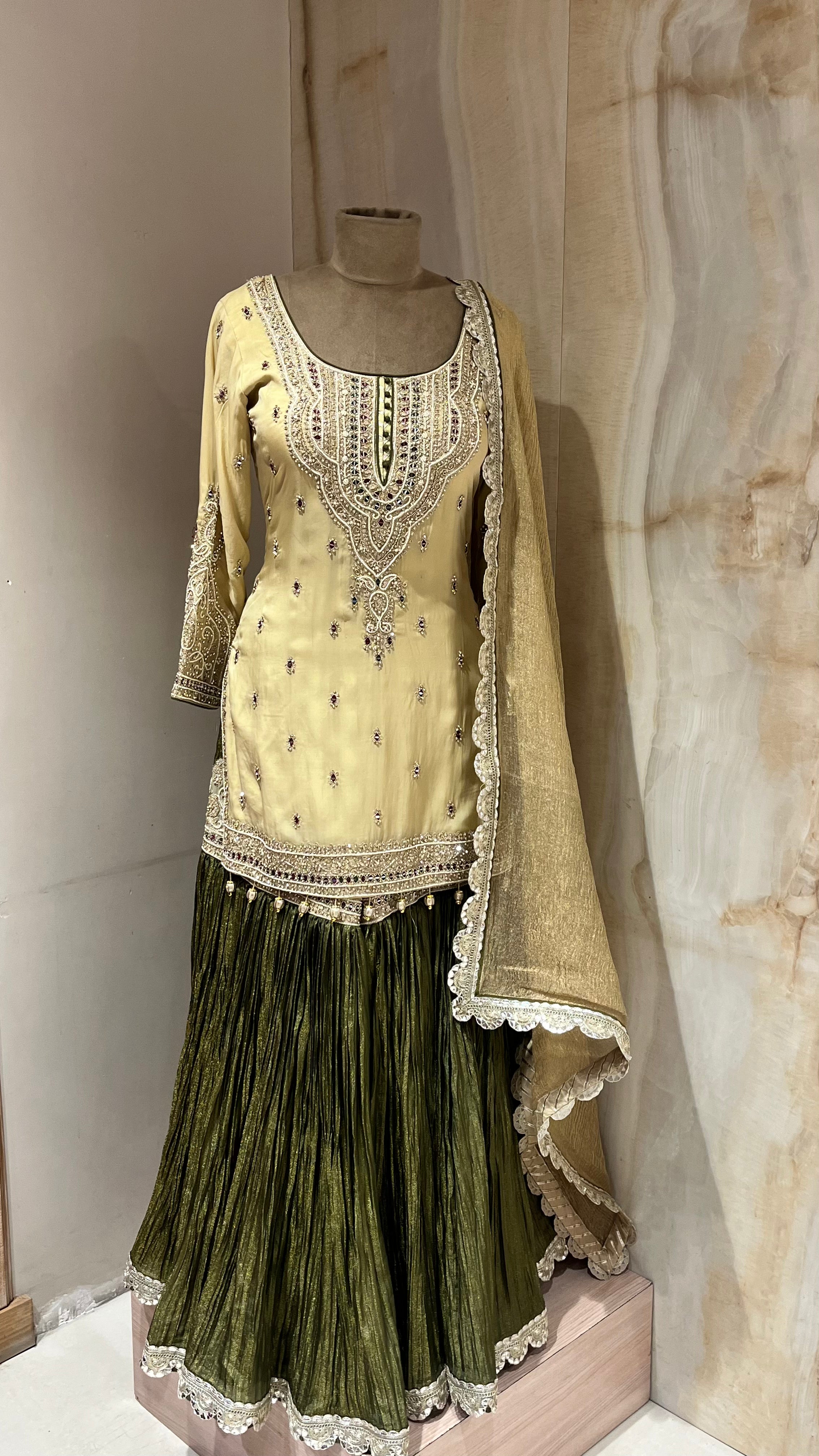 YELLOW & OLIVE GREEN EMBROIDERED GARARA SUIT