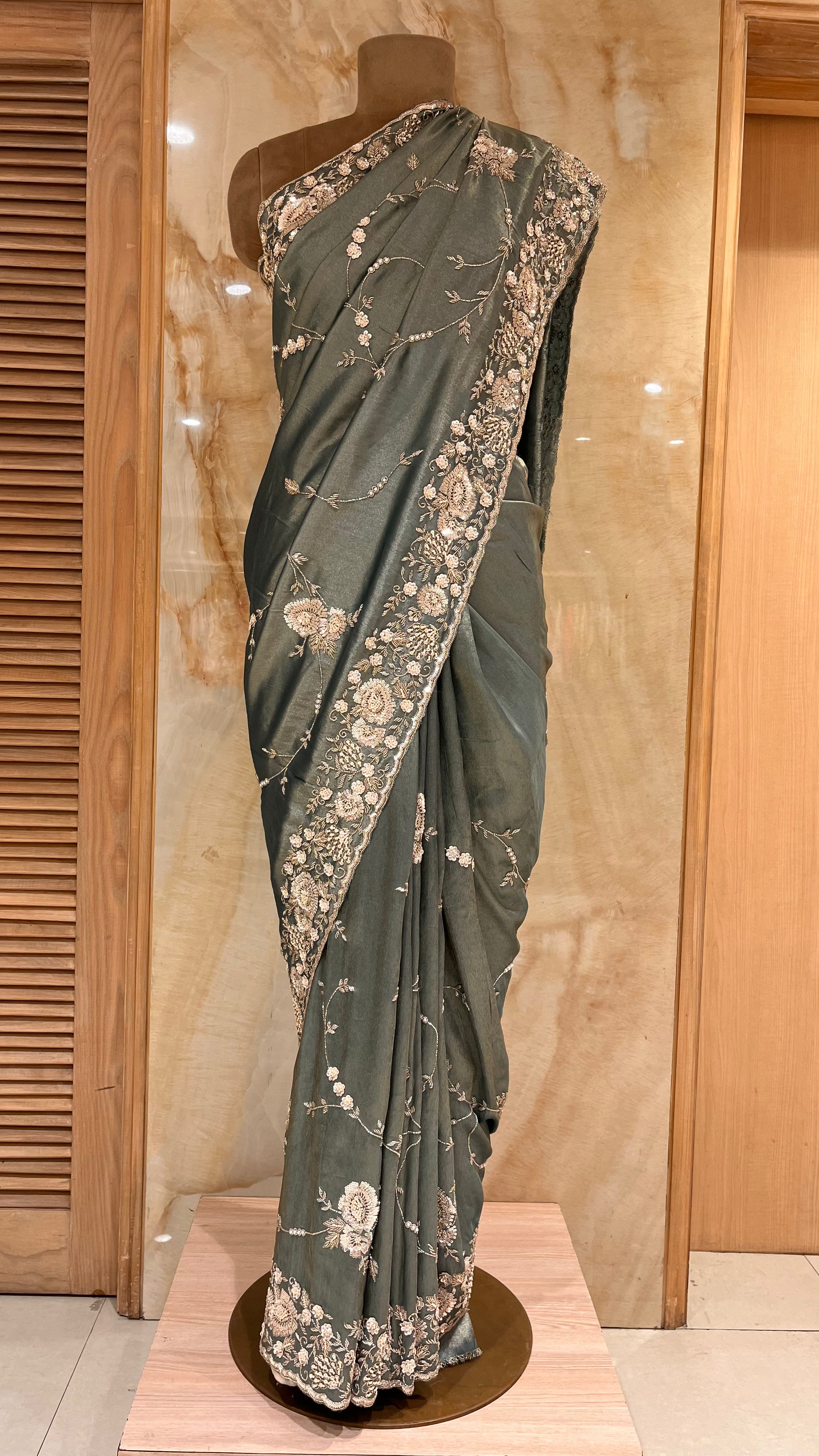 ELEGANT OLIVE GREEN EMBROIDERED DESIGNER SAREE