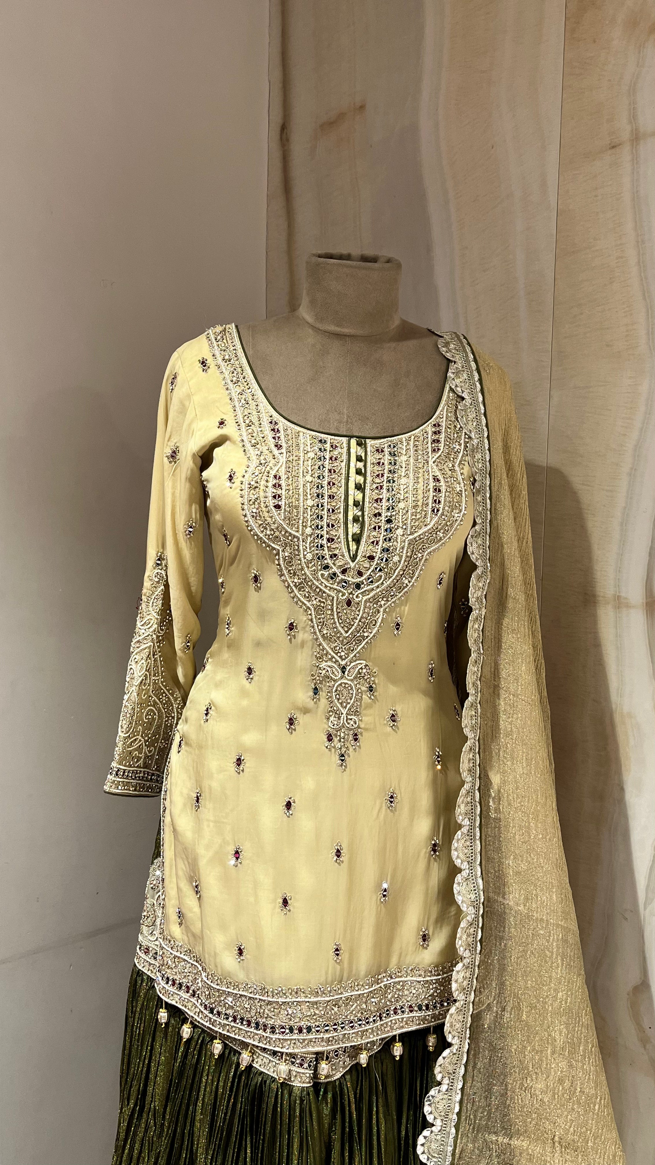 YELLOW & OLIVE GREEN EMBROIDERED GARARA SUIT