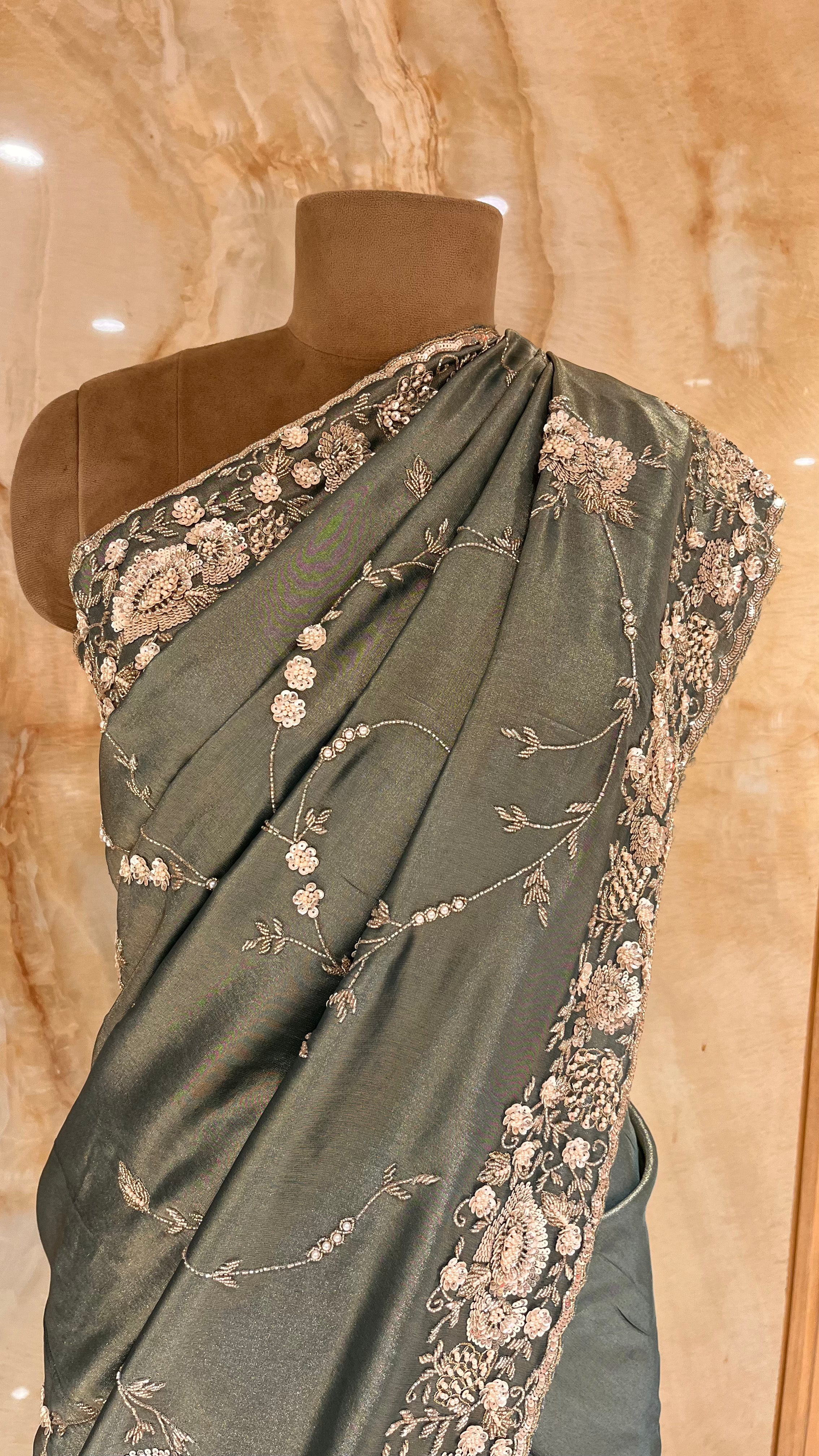 ELEGANT OLIVE GREEN EMBROIDERED DESIGNER SAREE