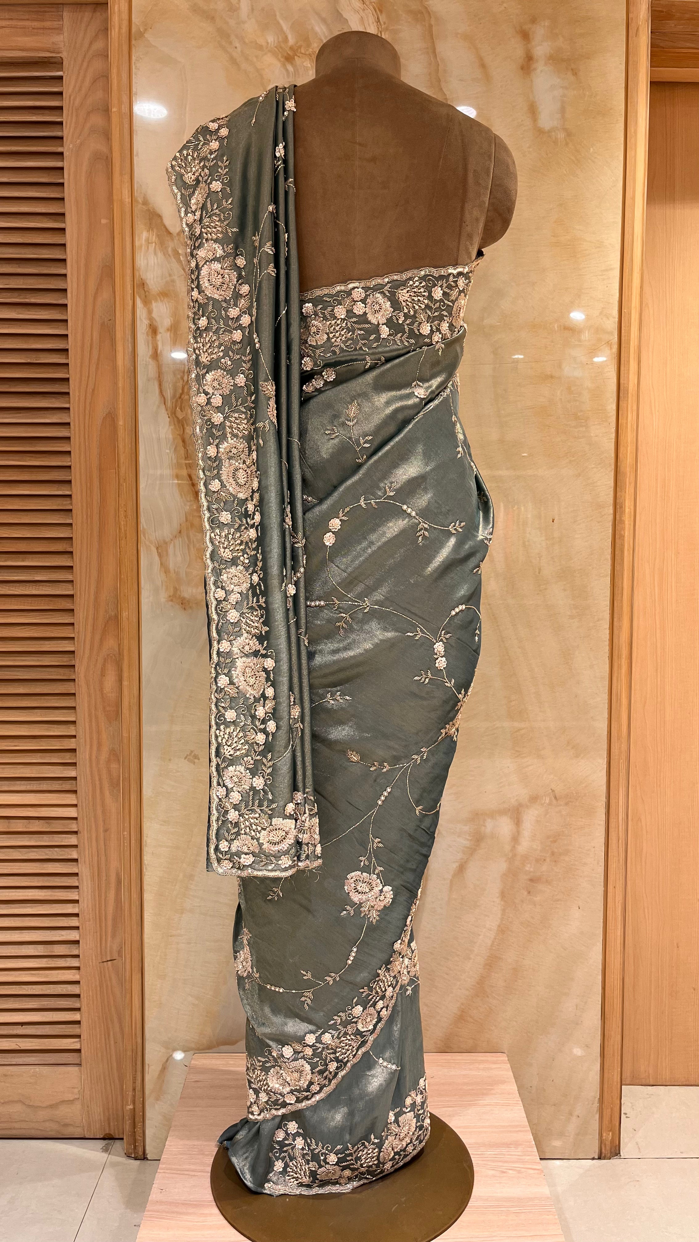 ELEGANT OLIVE GREEN EMBROIDERED DESIGNER SAREE