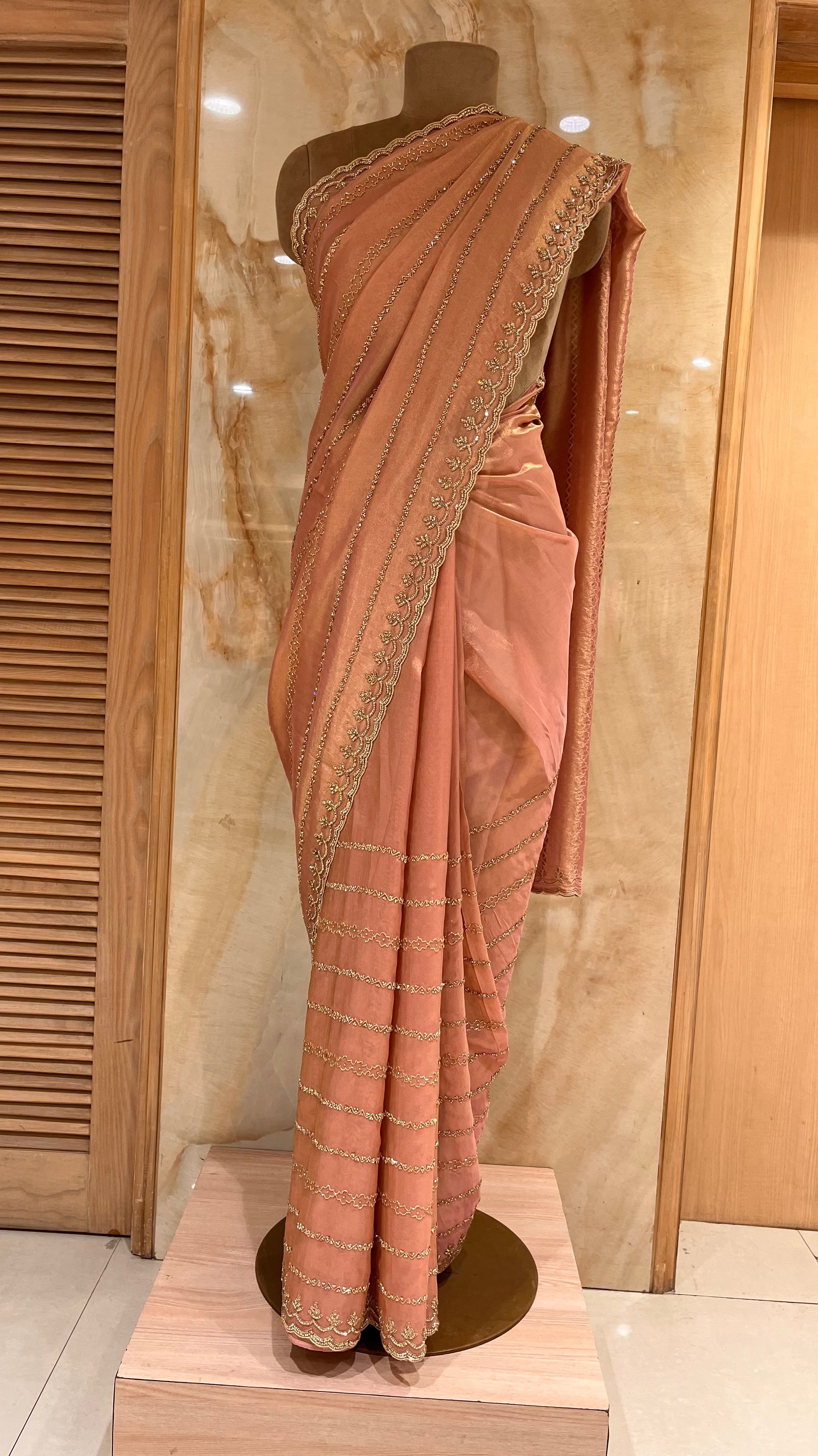 ELEGANT PEACH EMBROIDERED PARTY WEAR SAREE