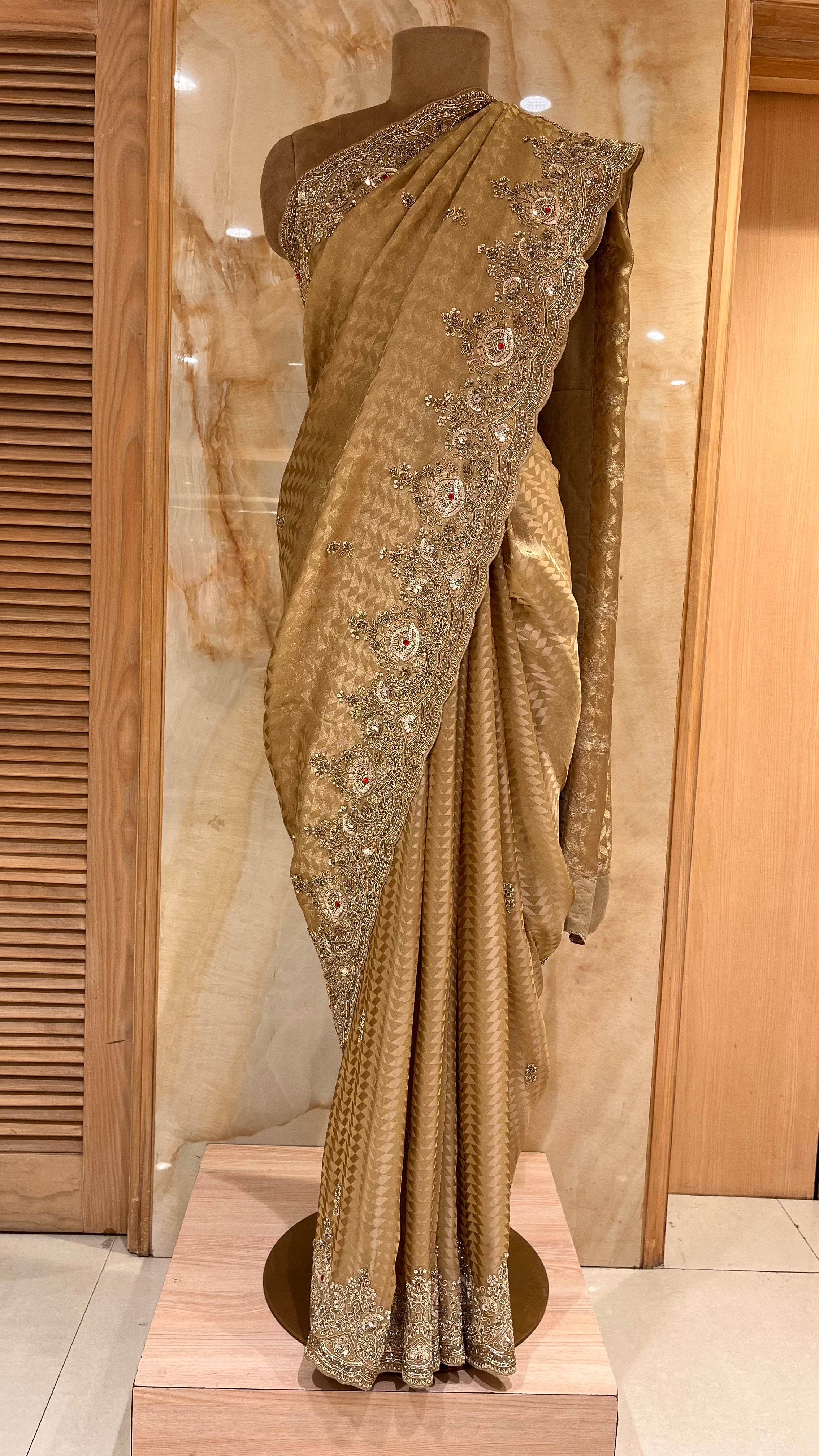 ELEGANT GOLDEN BEIGE EMBROIDERED DESIGNER SAREE WITH SEQUINS