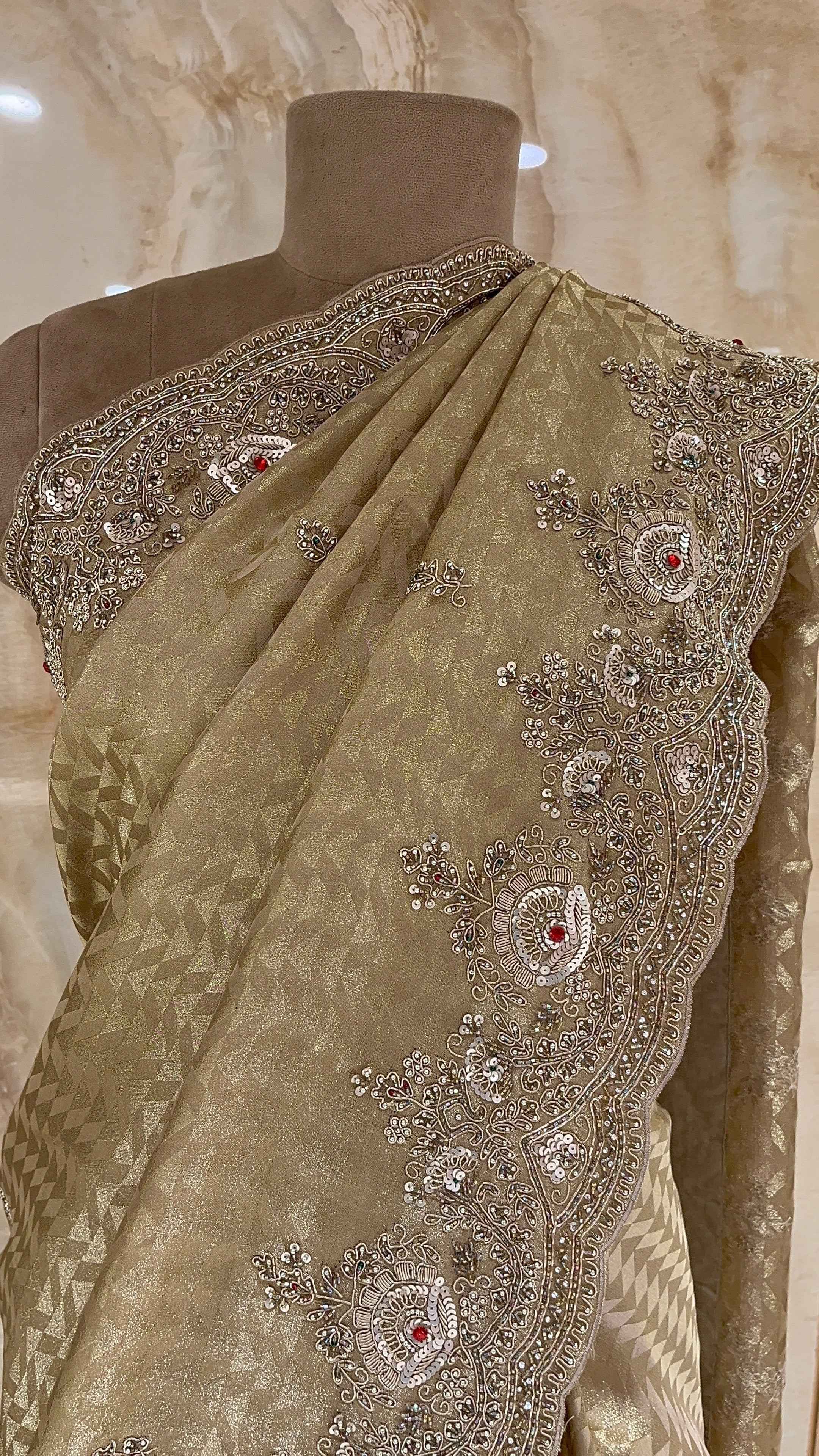 ELEGANT GOLDEN BEIGE EMBROIDERED DESIGNER SAREE WITH SEQUINS