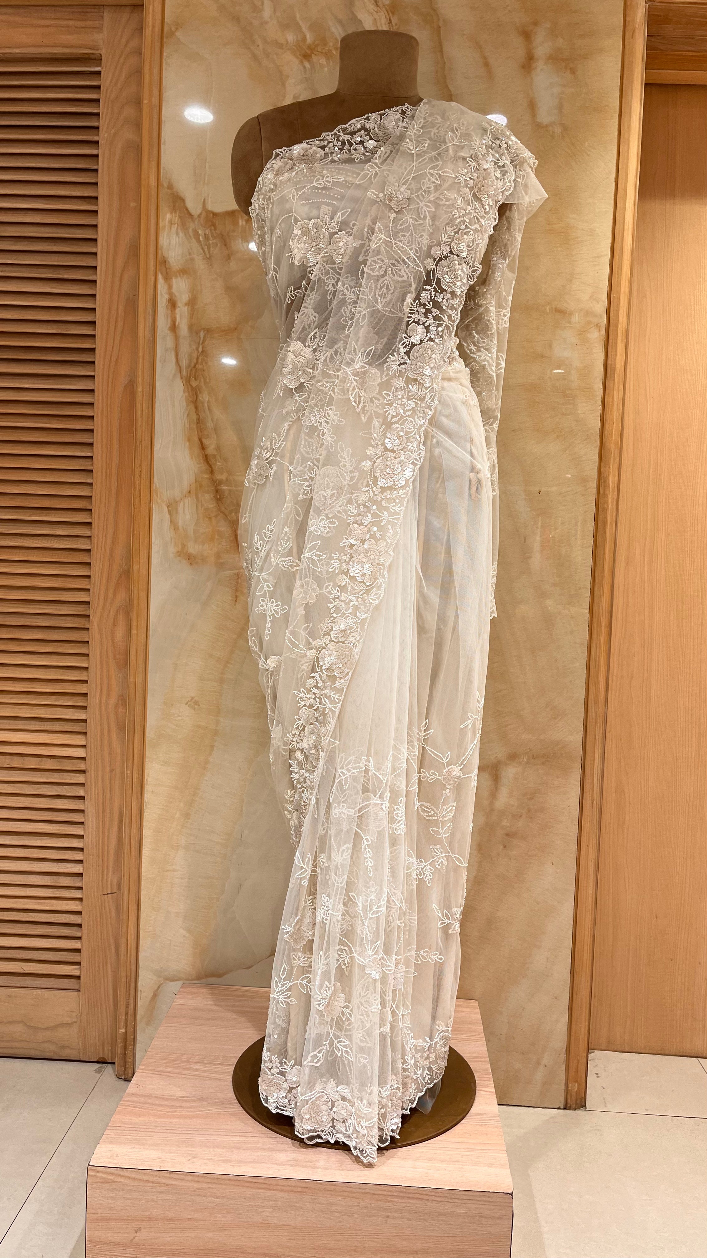 LUXURY OFF-WHITE HEAVY EMBROIDERED NET SAREE