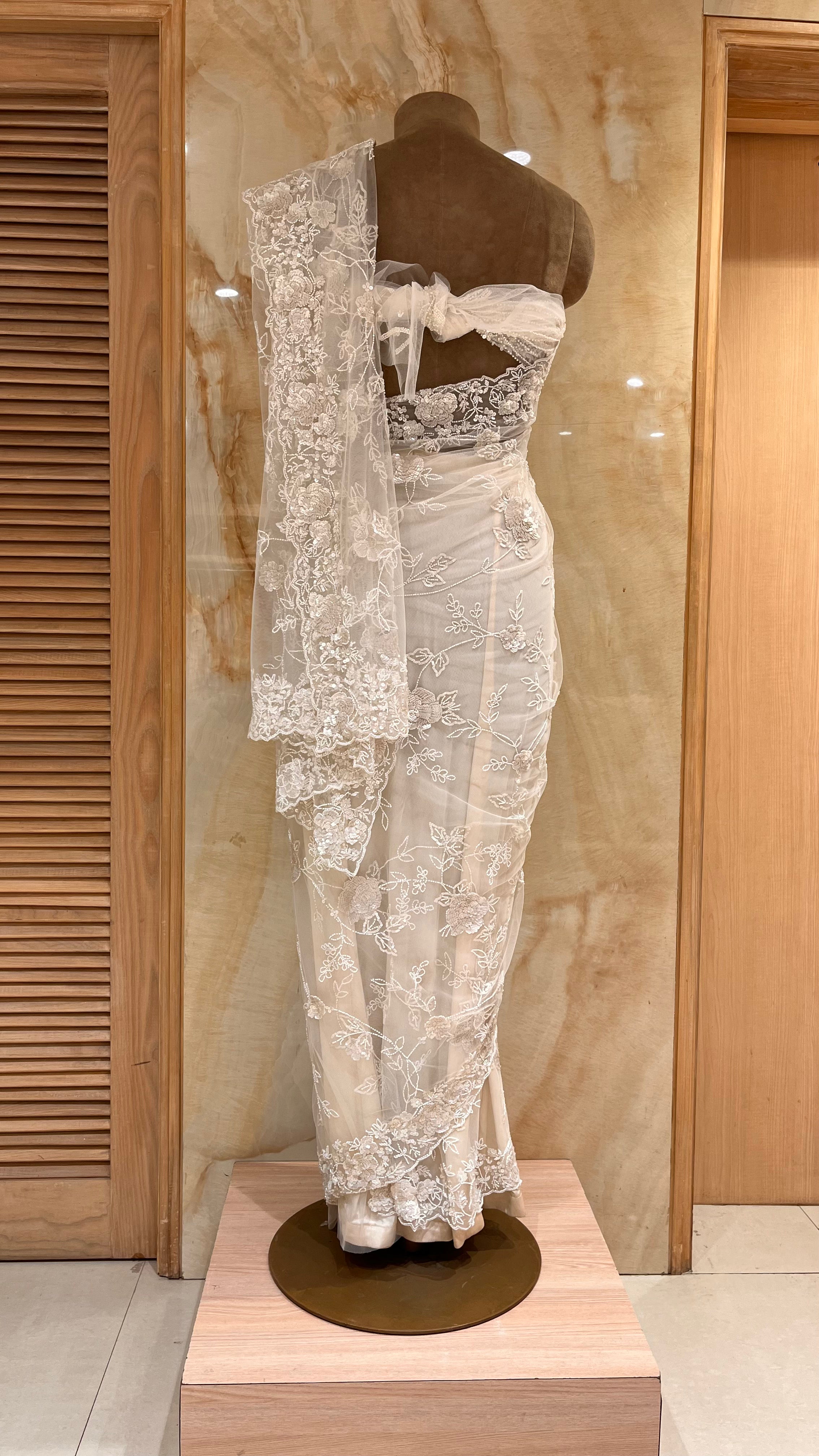 LUXURY OFF-WHITE HEAVY EMBROIDERED NET SAREE