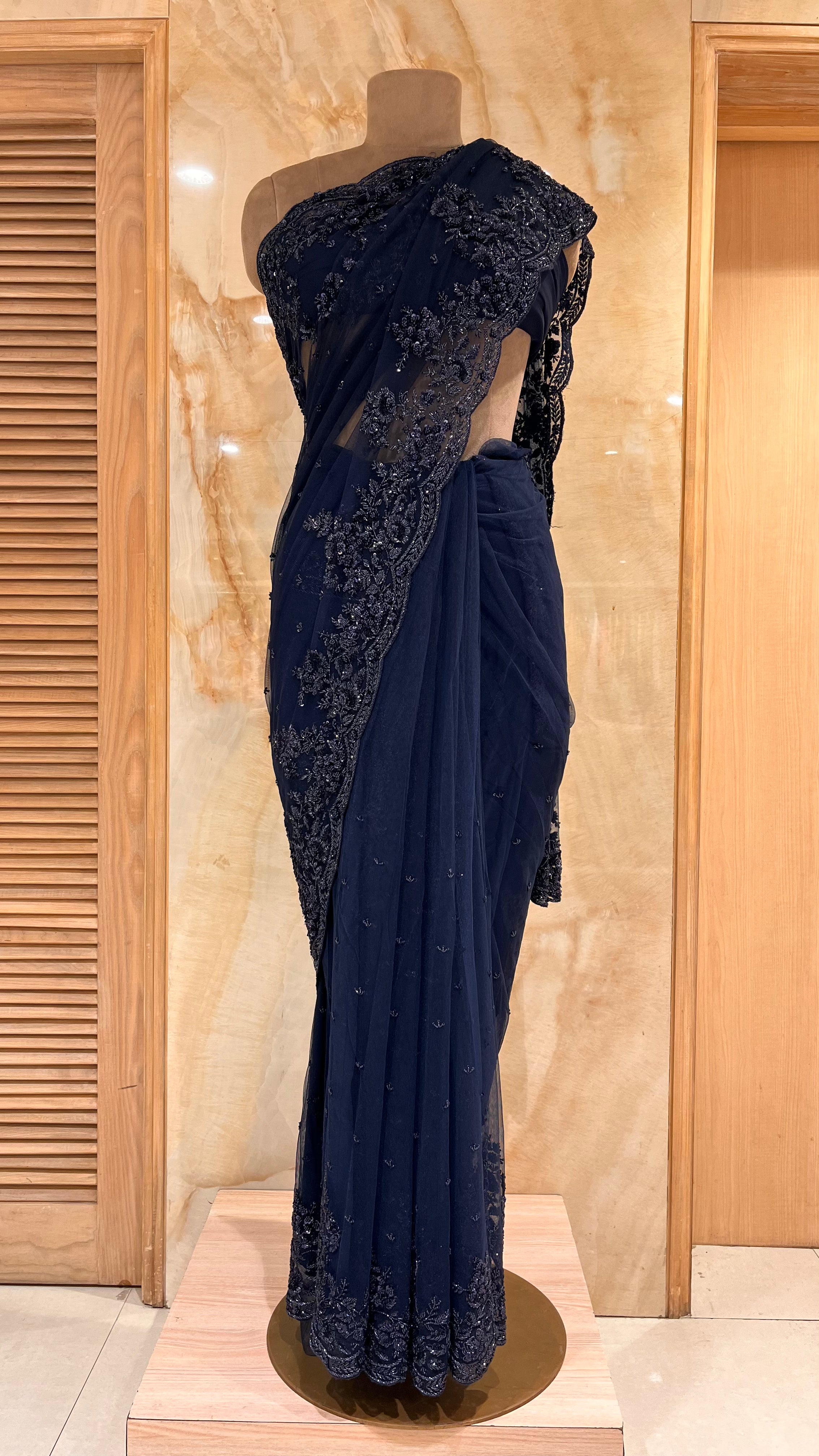 ELEGANT NAVY BLUE FLORAL NET SAREE WITH HEAVY EMBROIDERY