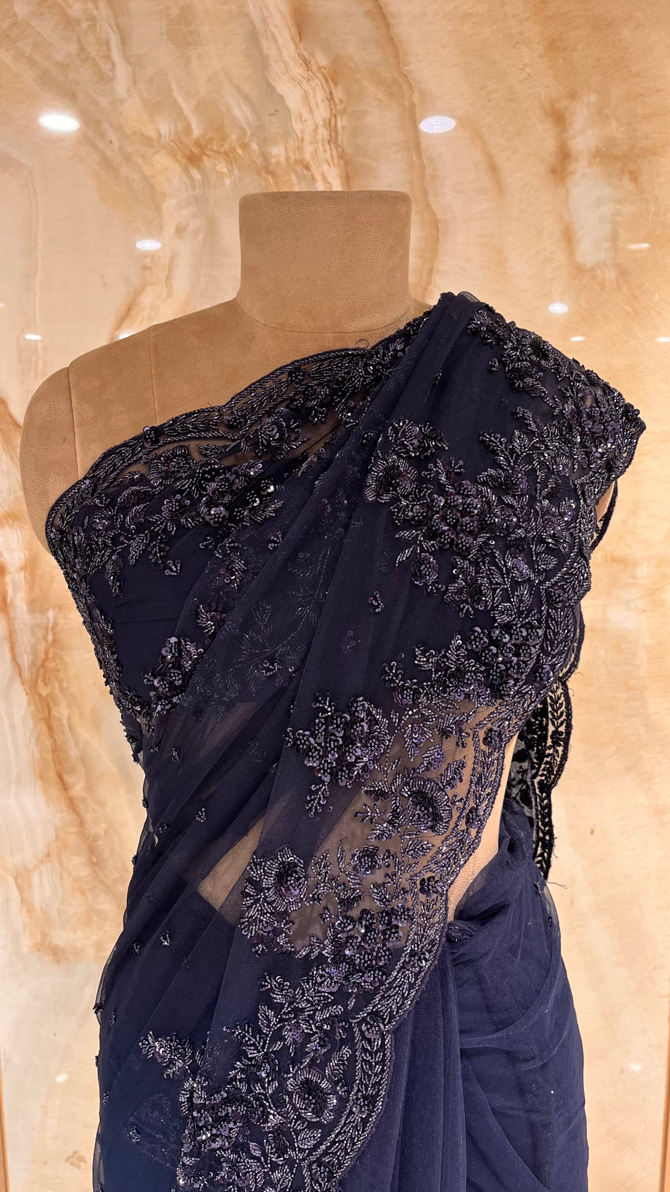 ELEGANT NAVY BLUE FLORAL NET SAREE WITH HEAVY EMBROIDERY