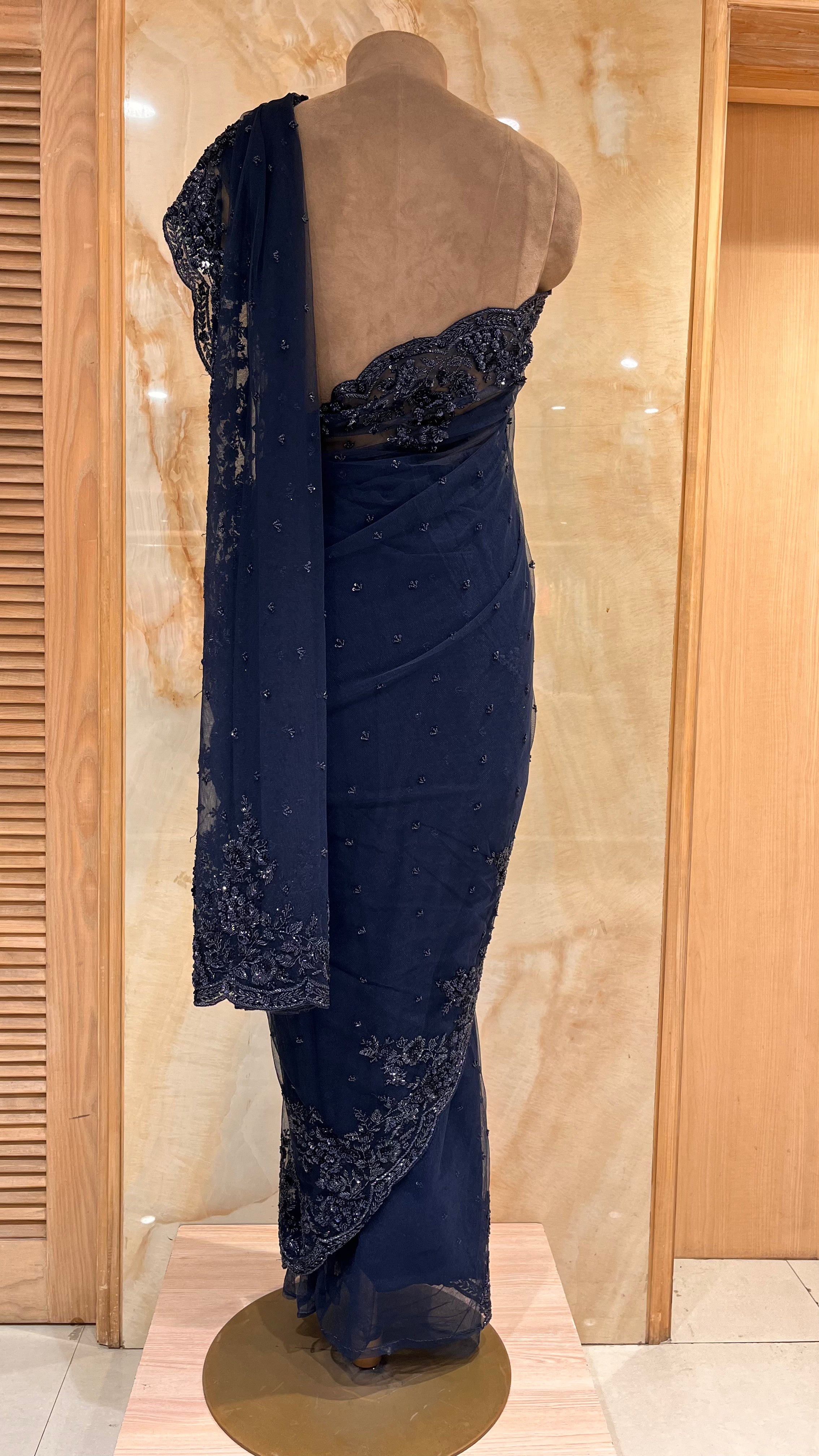 ELEGANT NAVY BLUE FLORAL NET SAREE WITH HEAVY EMBROIDERY