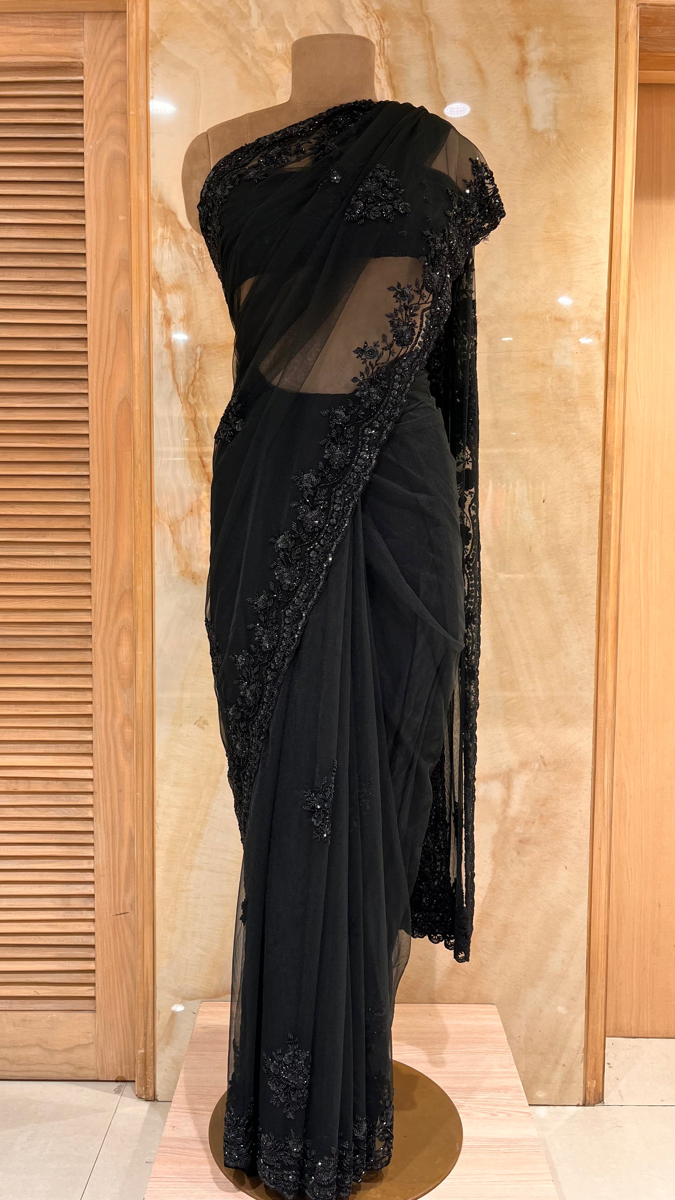 ELEGANT BLACK FLORAL NET SAREE WITH HEAVY EMBROIDERY