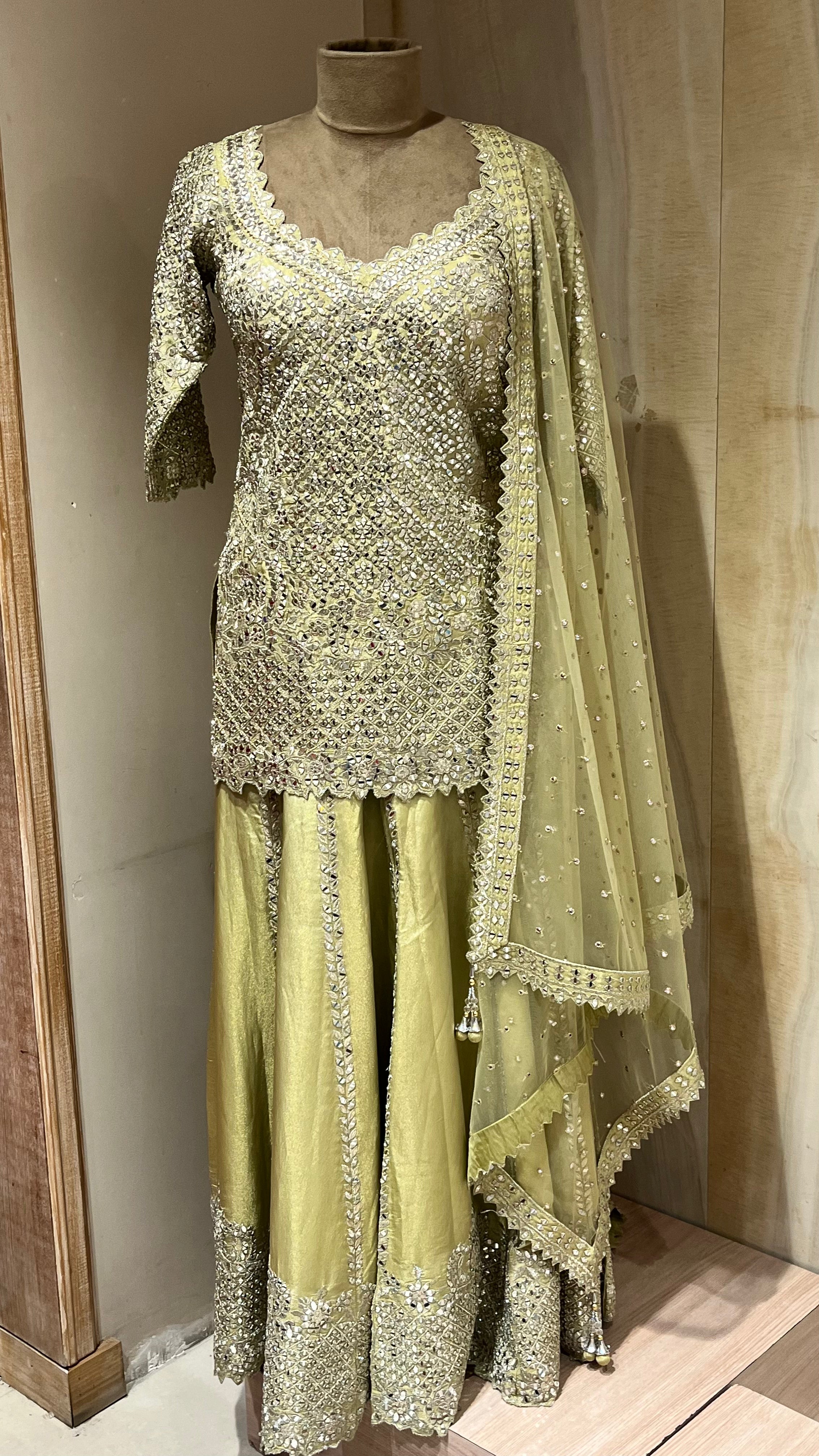 PISTA GREEN MIRROR WORK SHARARA SUIT