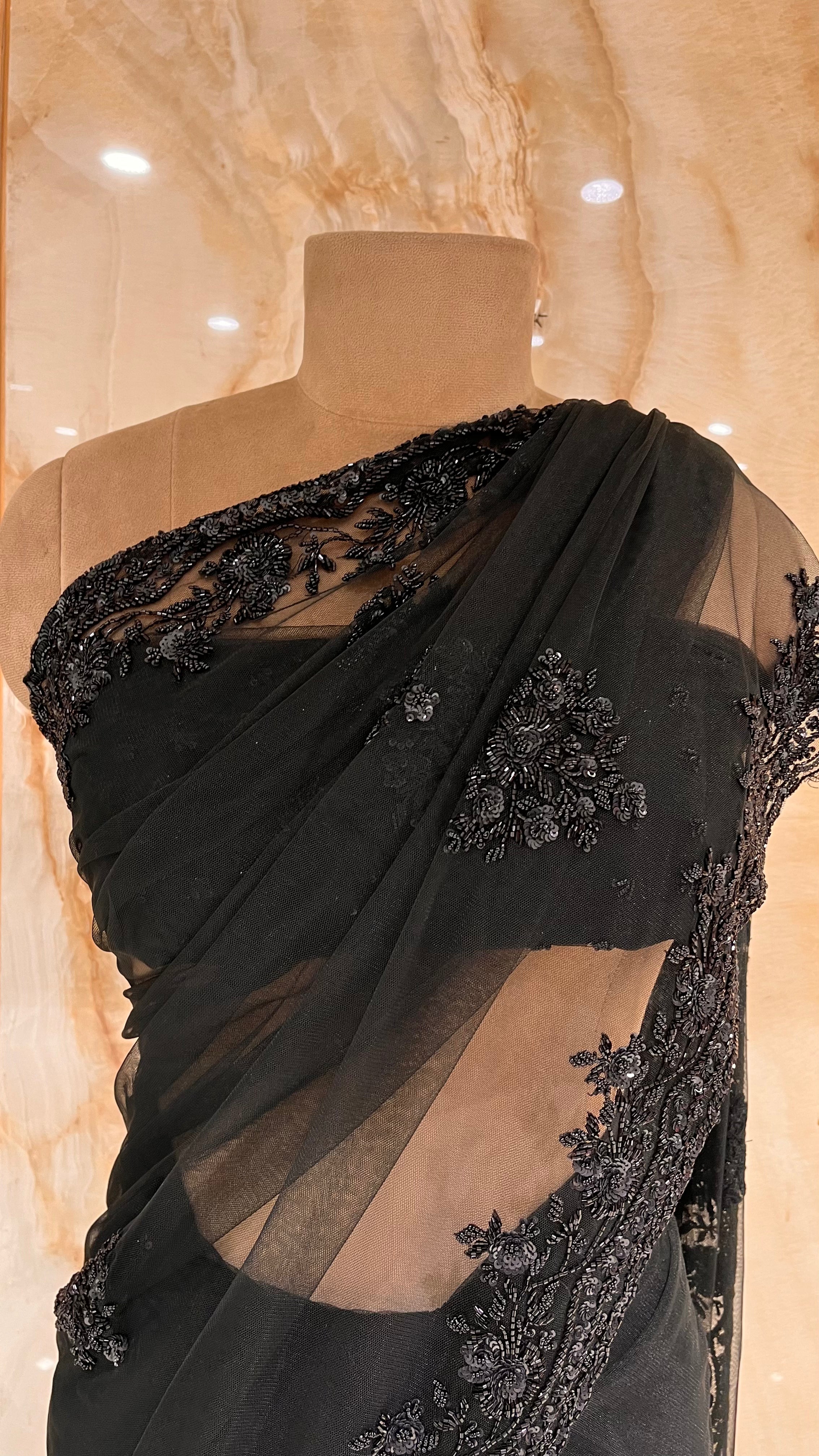 ELEGANT BLACK FLORAL NET SAREE WITH HEAVY EMBROIDERY