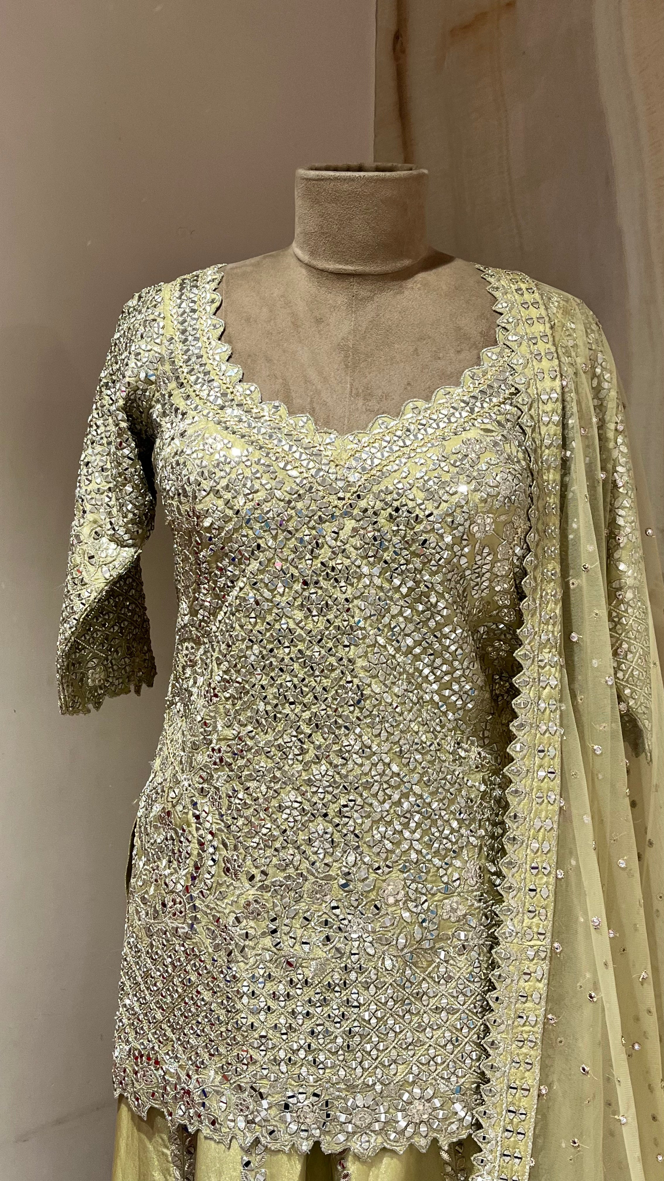 PISTA GREEN MIRROR WORK SHARARA SUIT