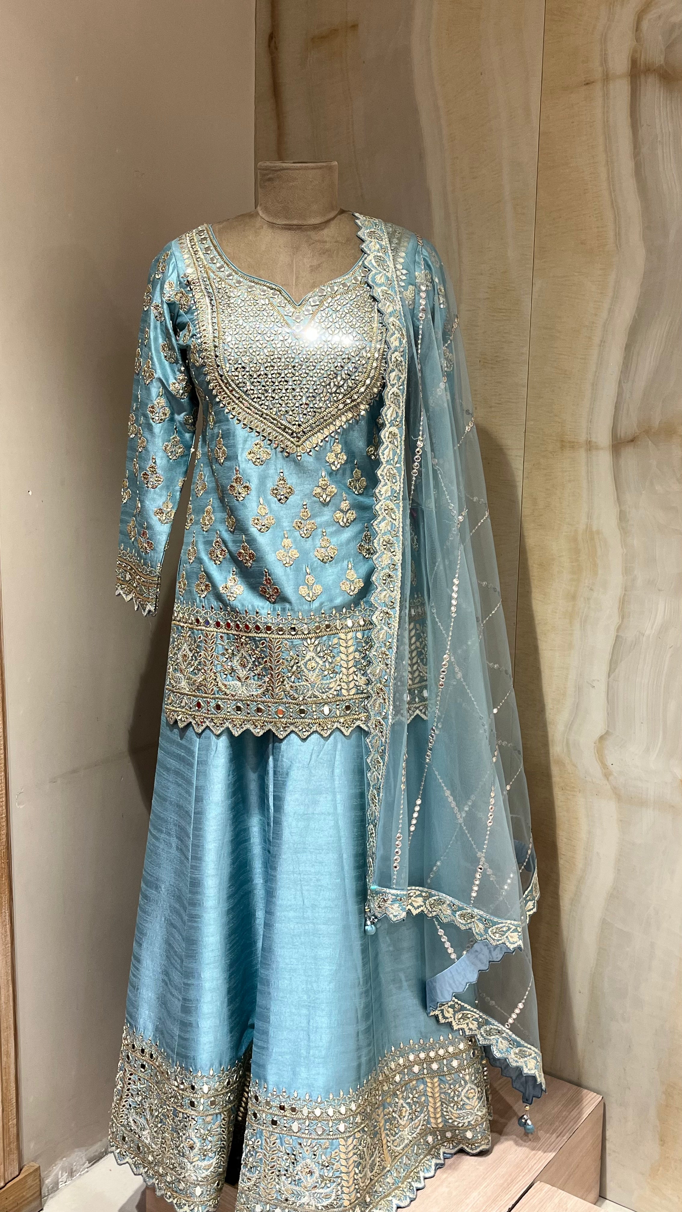 SKY BLUE EMBROIDERED SHARARA SUIT