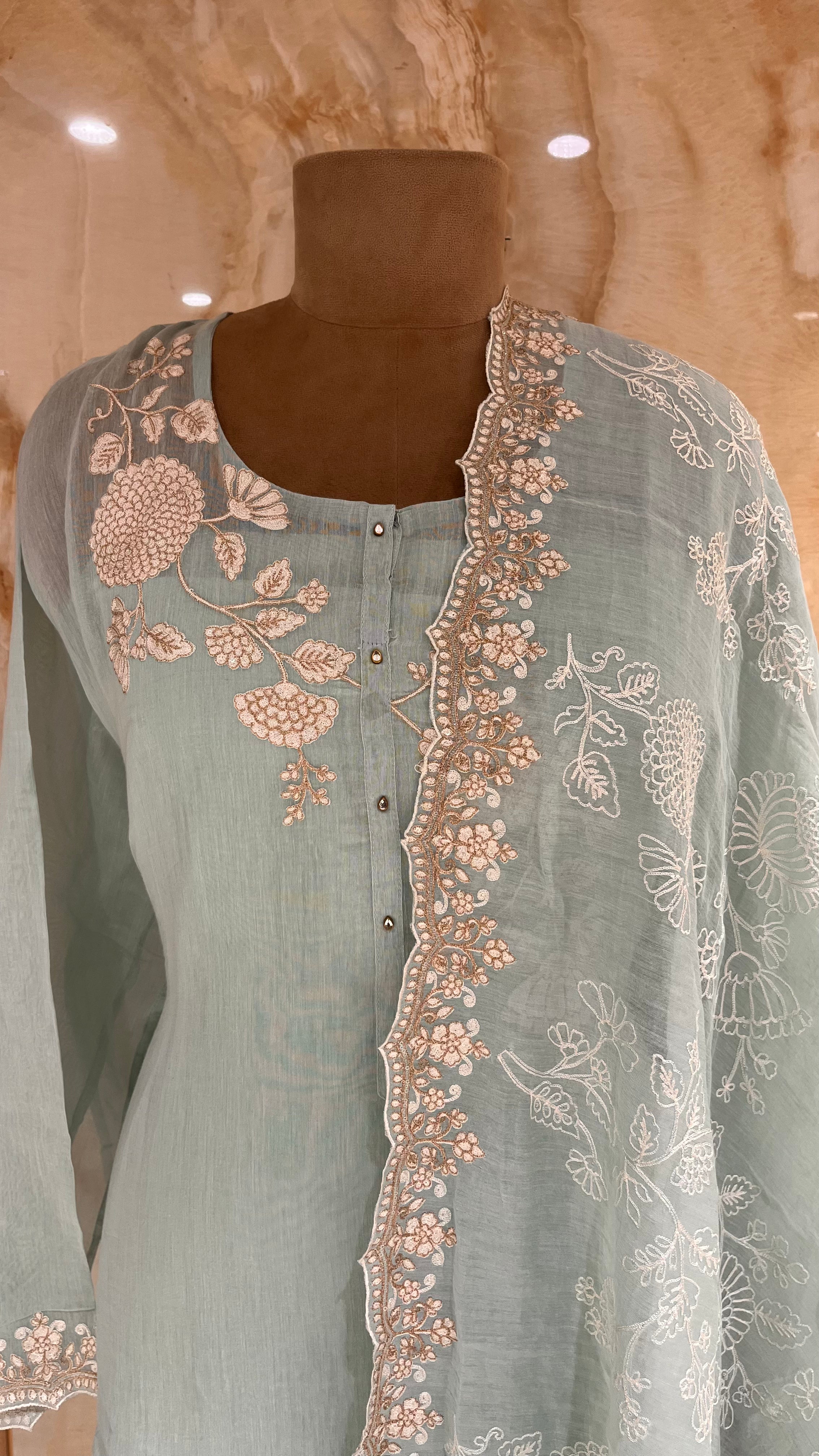ELEGANT SAGE GREEN EMBROIDERED COTTON UNSTITCHED SUIT WITH ORGANZA DUPATTA