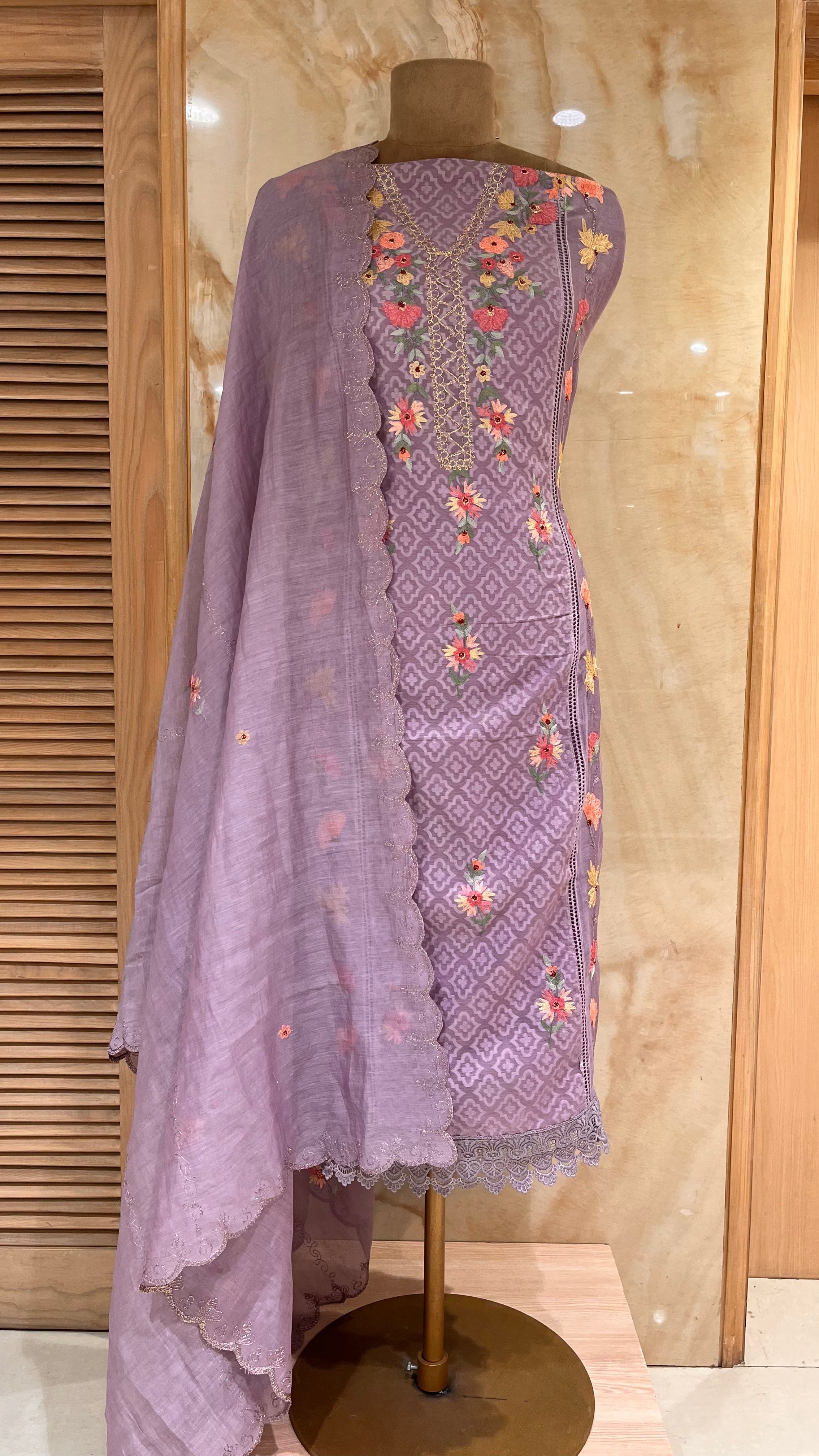ELEGANT LAVENDER COTTON UNSTITCHED SUIT WITH FLORAL EMBROIDERY