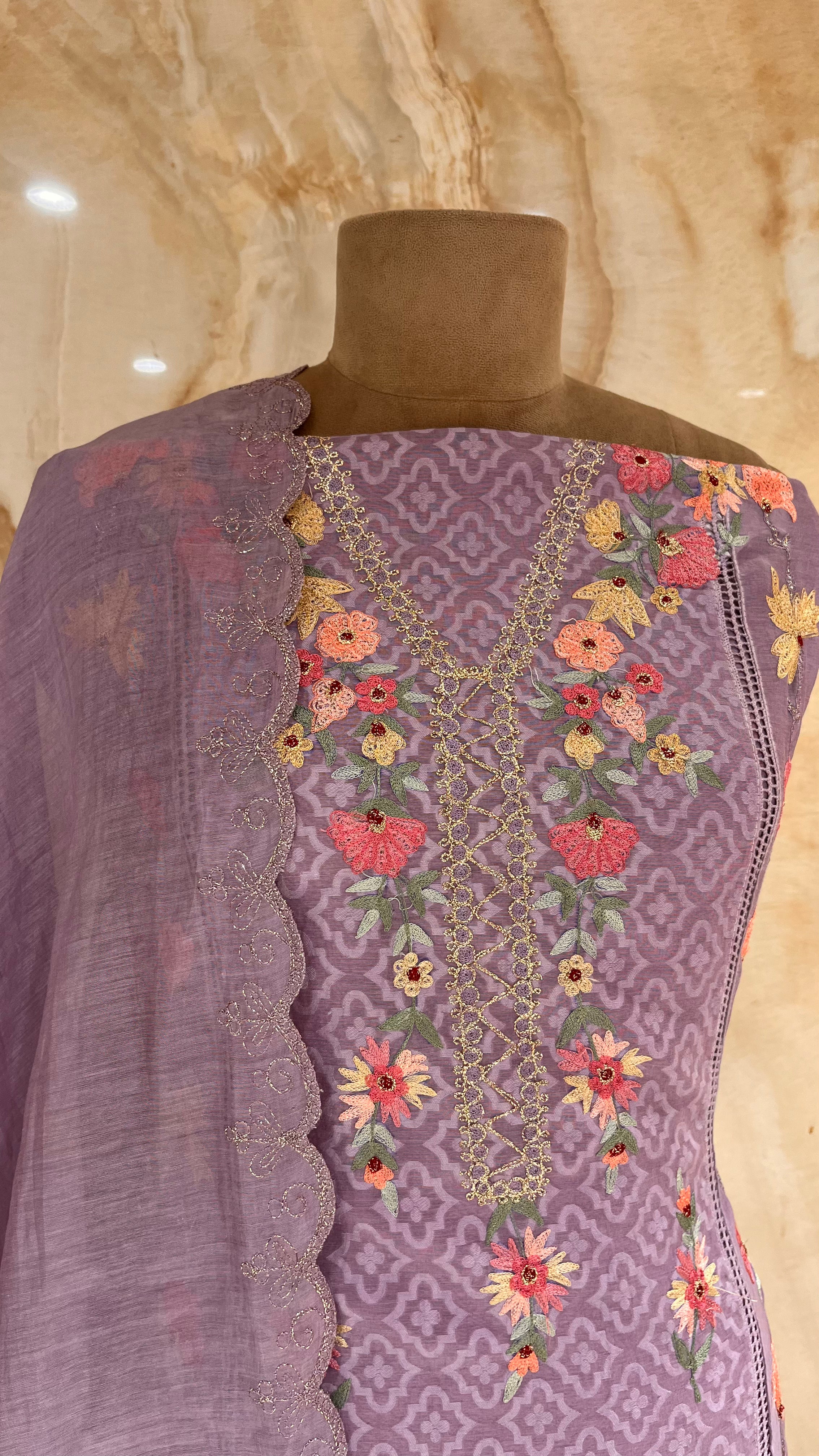 ELEGANT LAVENDER COTTON UNSTITCHED SUIT WITH FLORAL EMBROIDERY