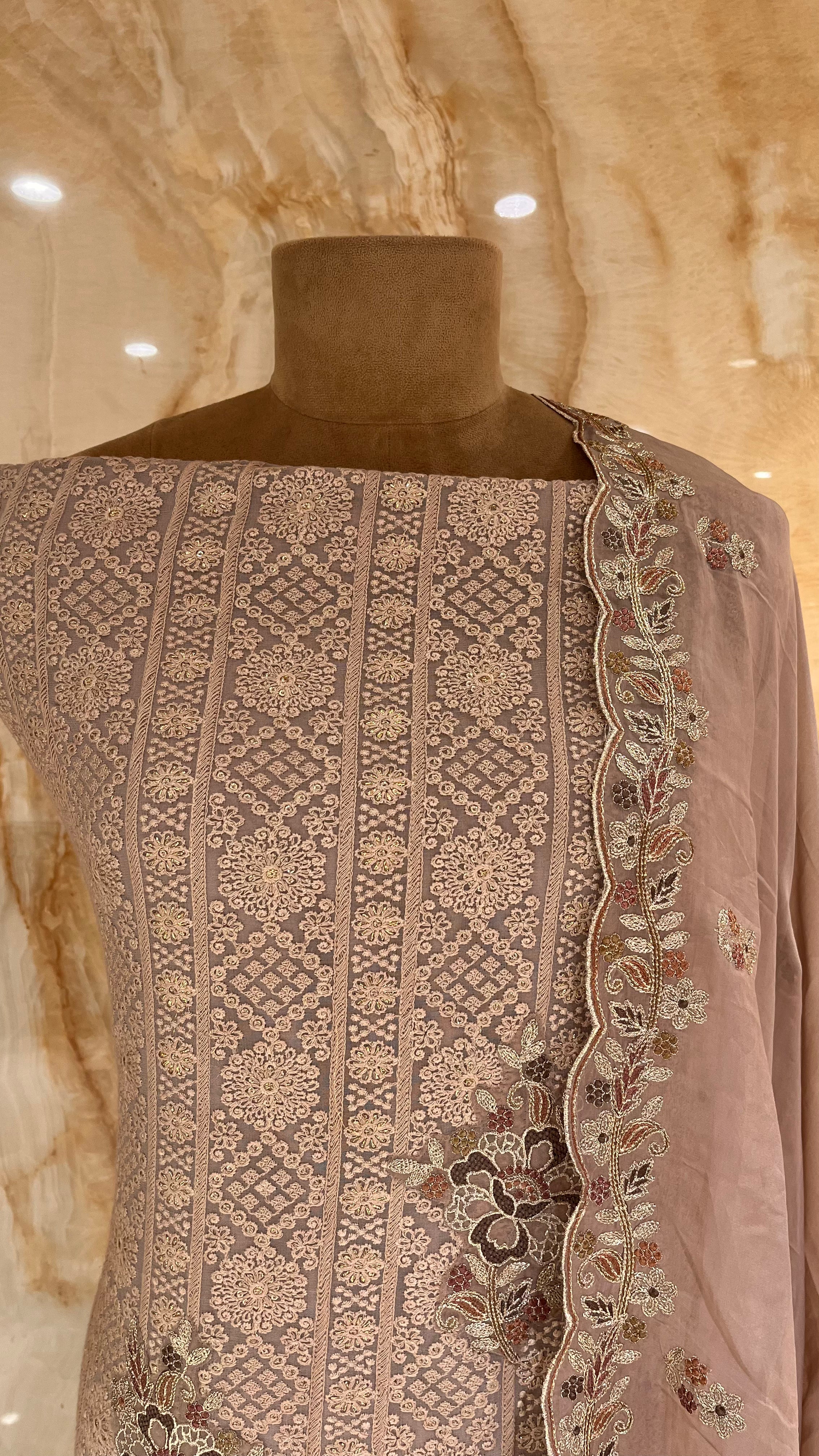 ELEGANT DUSTY PINK EMBROIDERED COTTON UNSTITCHED SUIT WITH DESIGNER DUPATTA