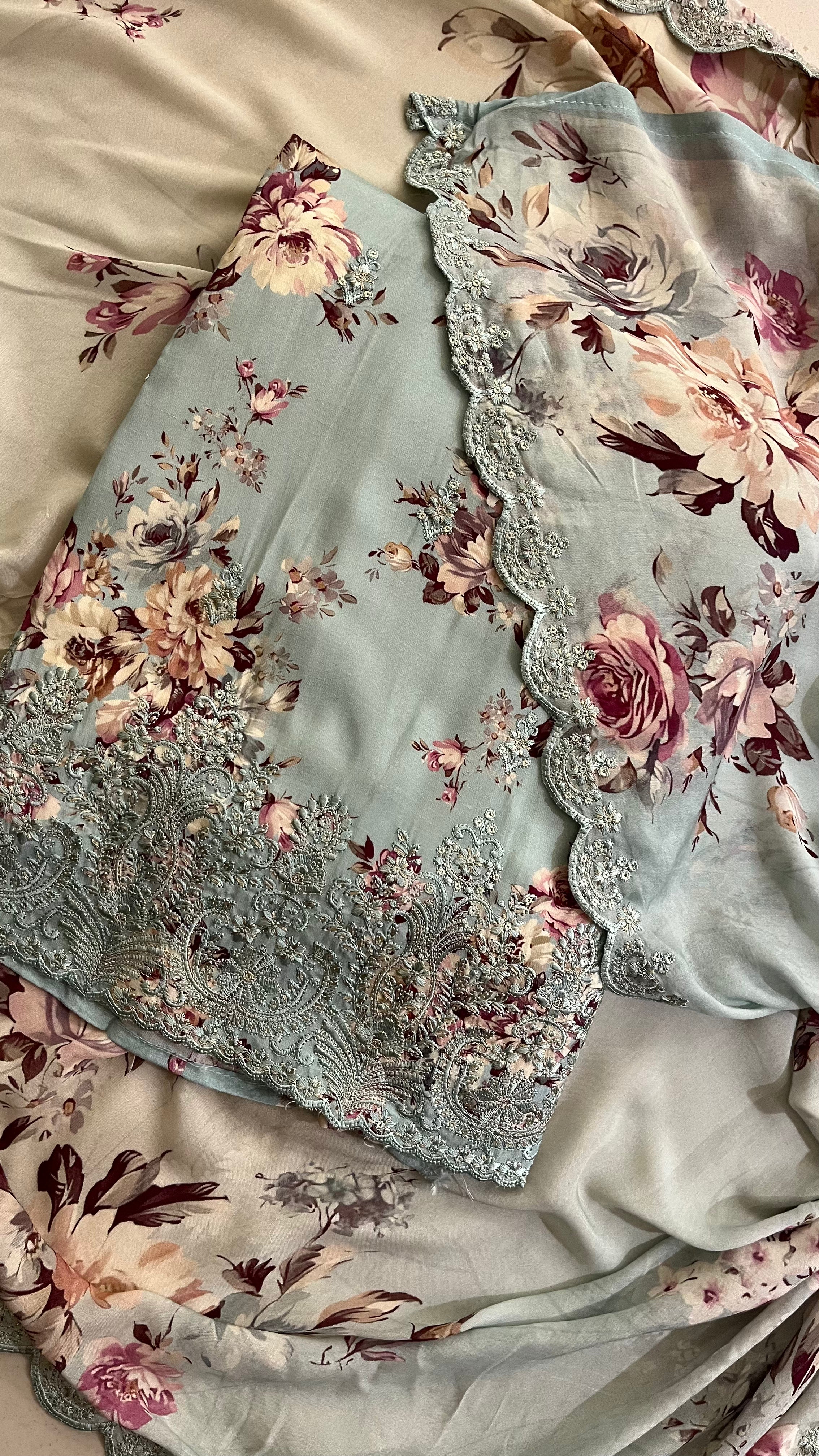 POWDER BLUE FLORAL PRINTED & EMBROIDERED UNSTITCHED SUIT