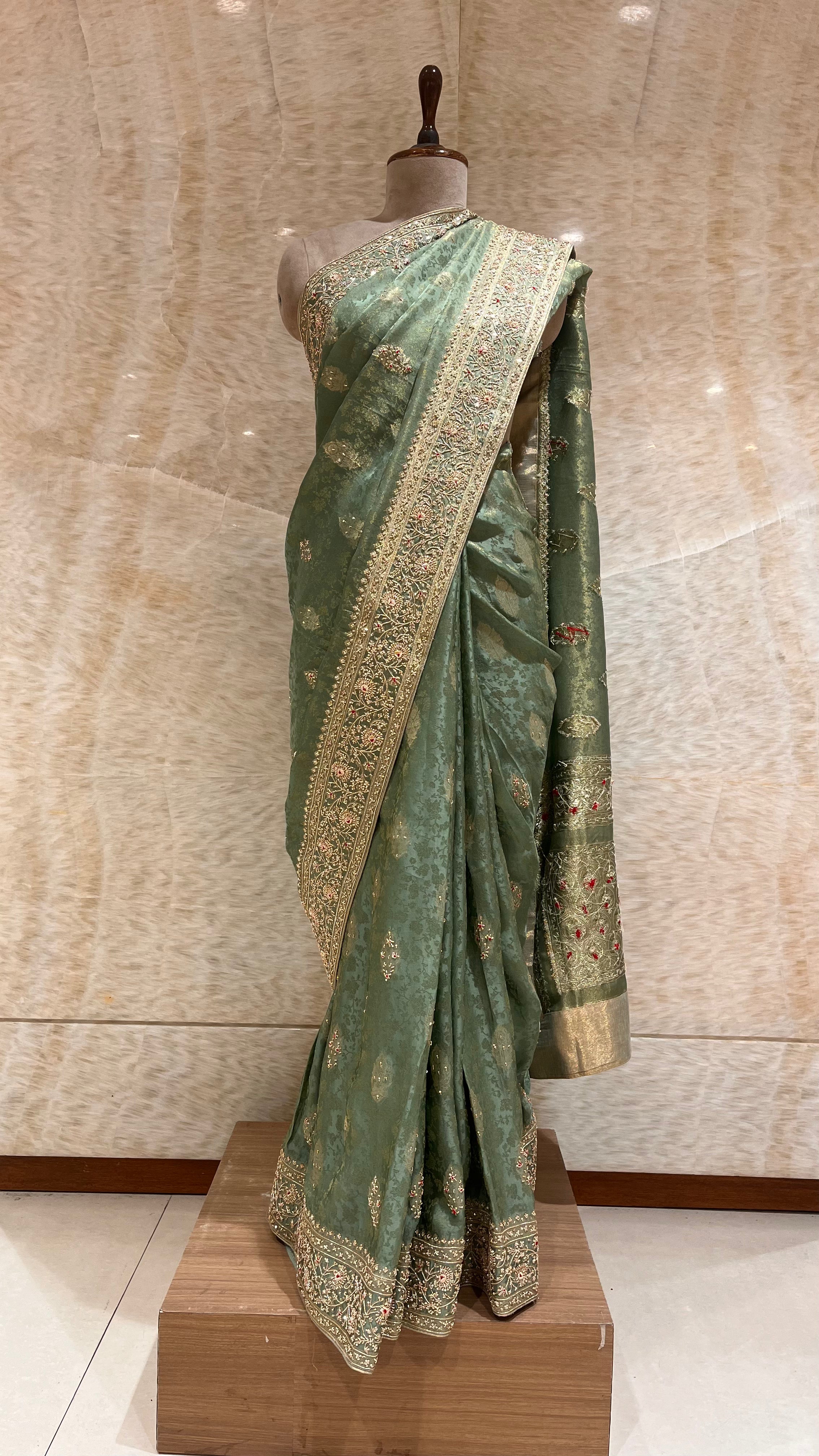 ELEGANT SAGE GREEN EMBROIDERED SAREE