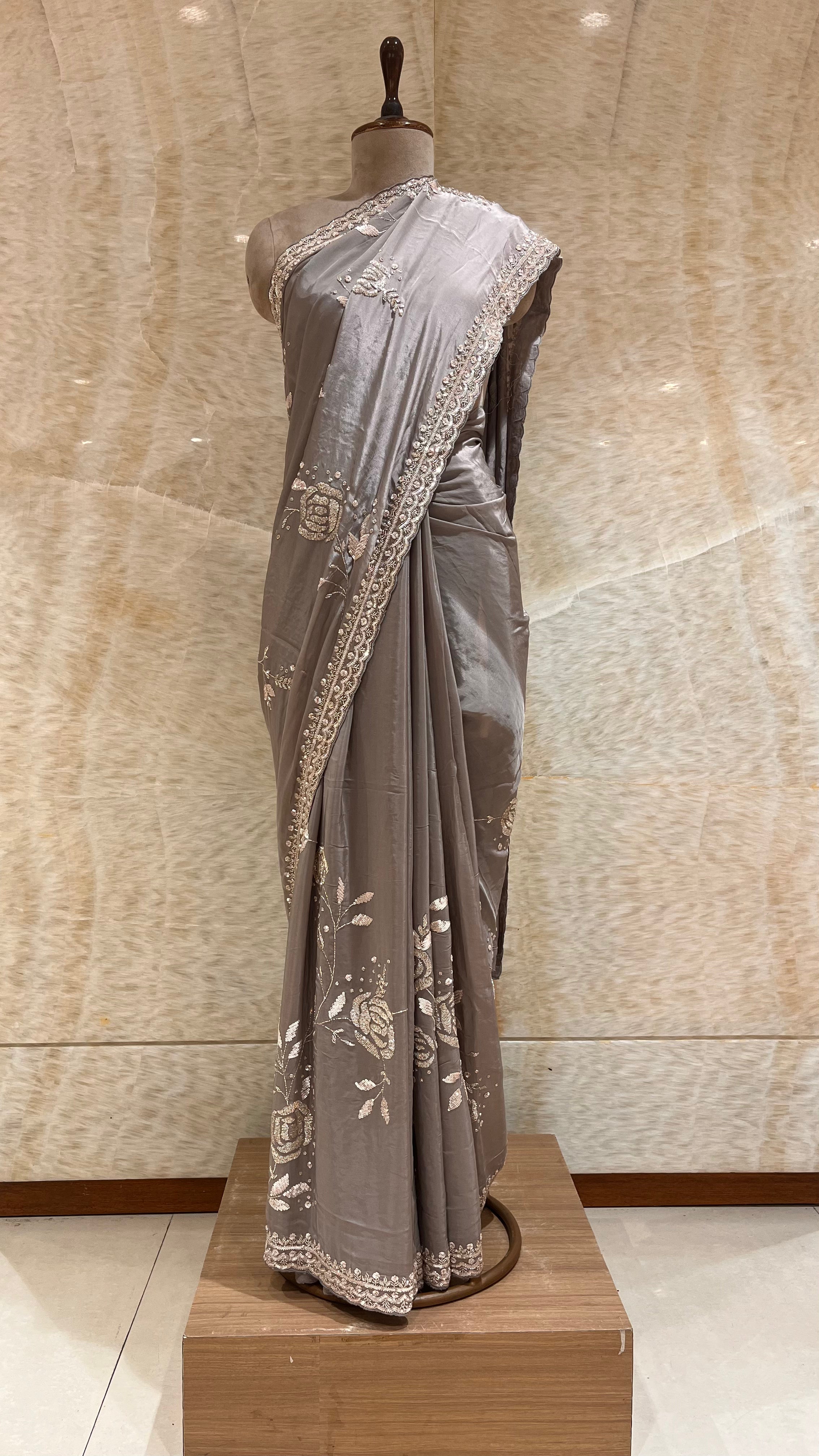 ELEGANT GREY EMBROIDERED SAREE