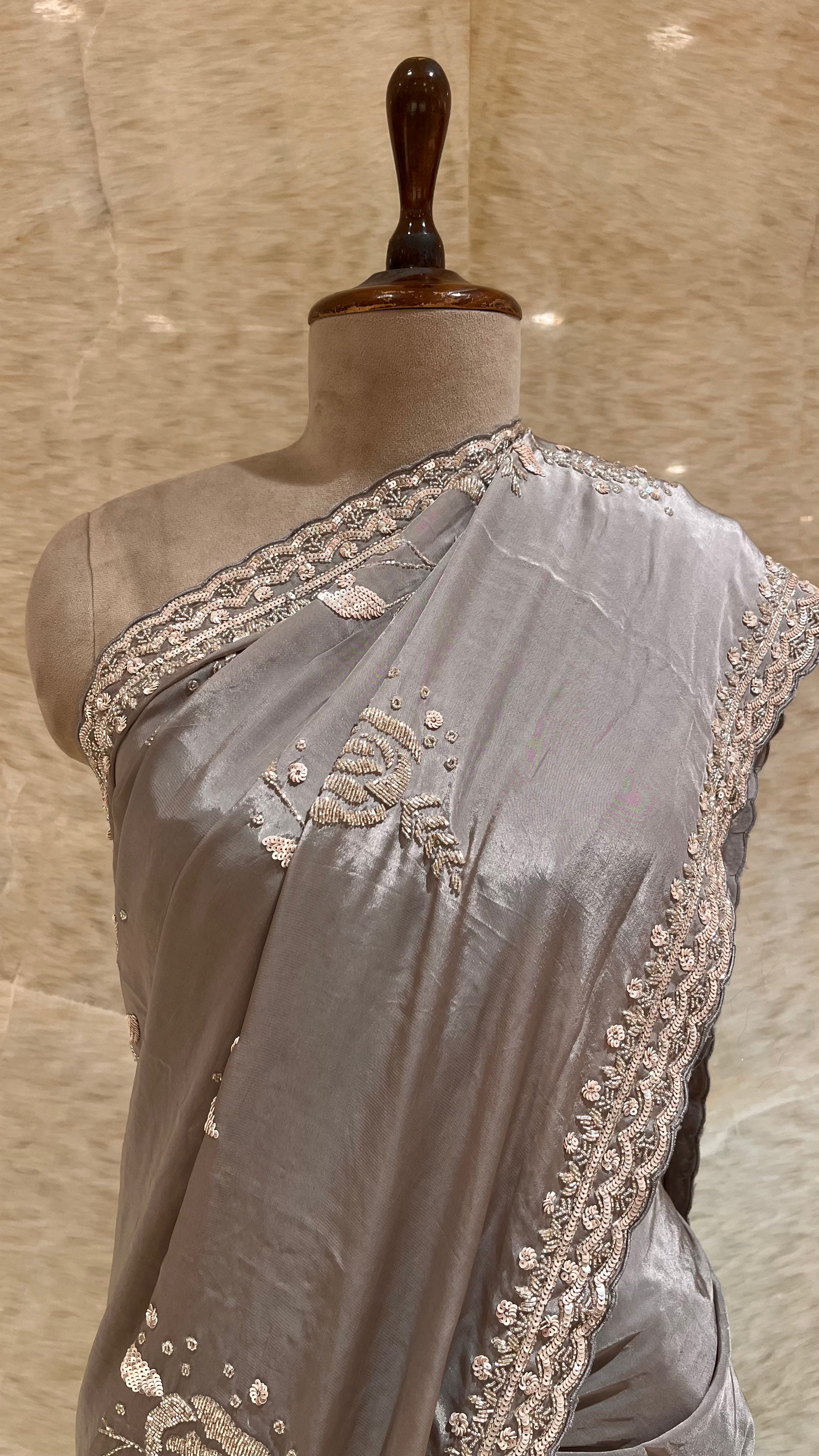 ELEGANT GREY EMBROIDERED SAREE